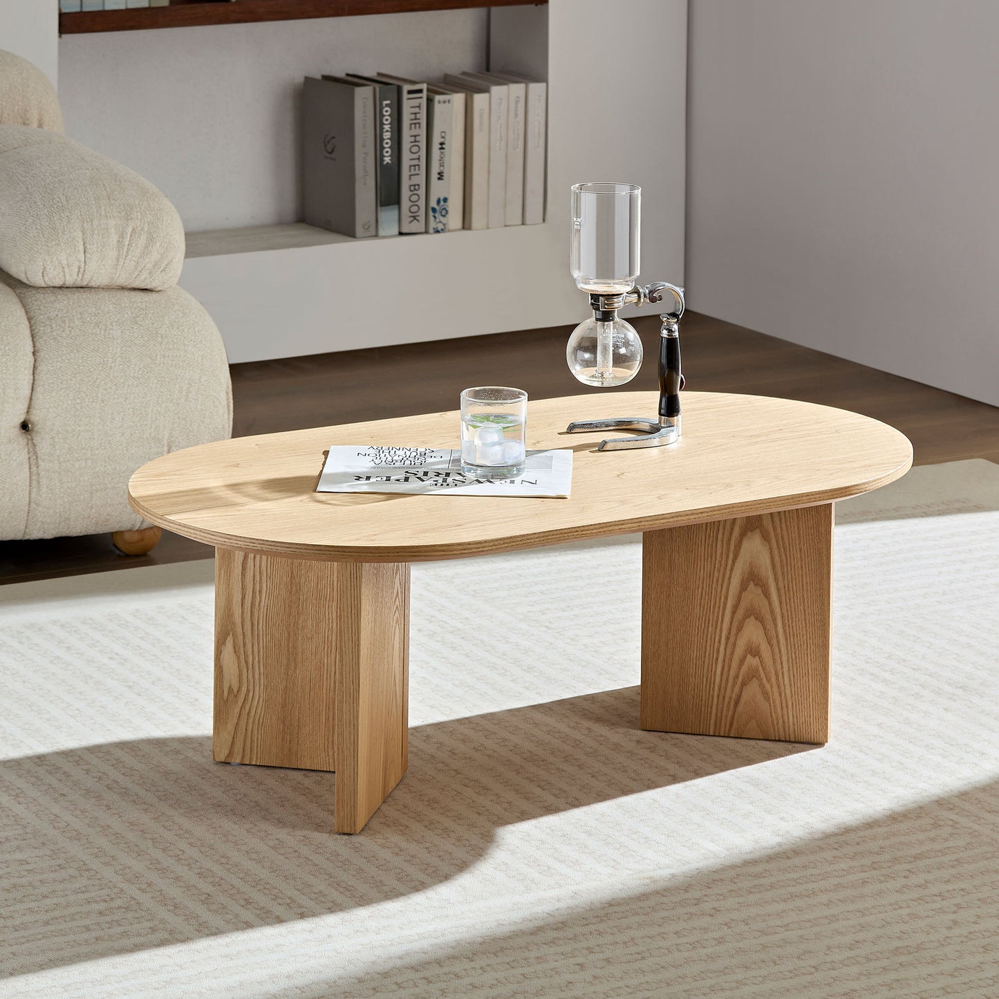 Length 39.37 Inch Modern Coffee Table,MDF Oval Coffee Table for Living Room,Small Coffee Table with Sturdy Pedestal for Apartment,Bedroom,OAK W2582P217995