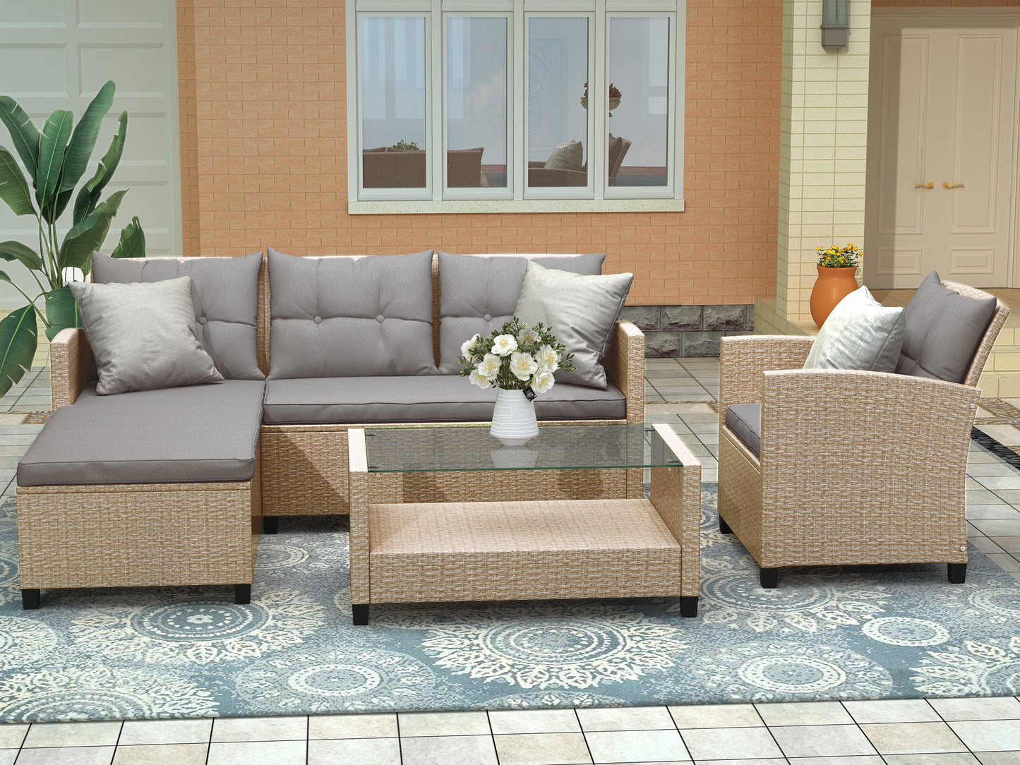 U_STYLE Outdoor, Patio Furniture Sets, 4 Piece Conversation Set Wicker Ratten Sectional Sofa with Seat Cushions(Beige Brown) WY000112EAA