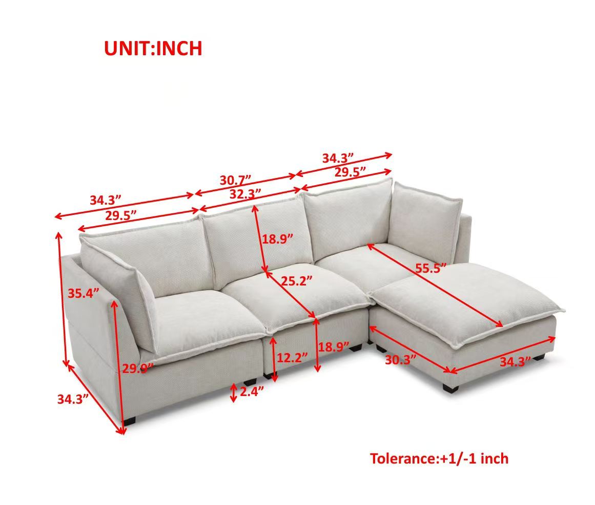 Modern Sectional Sofa,L-Shape Linen Fabric Corner Couch Set with Convertible Ottoman for Living Room, Apartment, Office,Beige,3 Colors W1117S00079