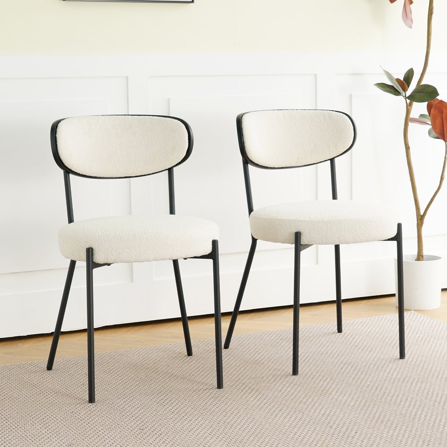 Boucle modern kitchen dining chair Bentwood covered with ash veneer Chair back, metal with black powder coated leg chair, Kitchen Dining Room and living room (set of 2) W210132427