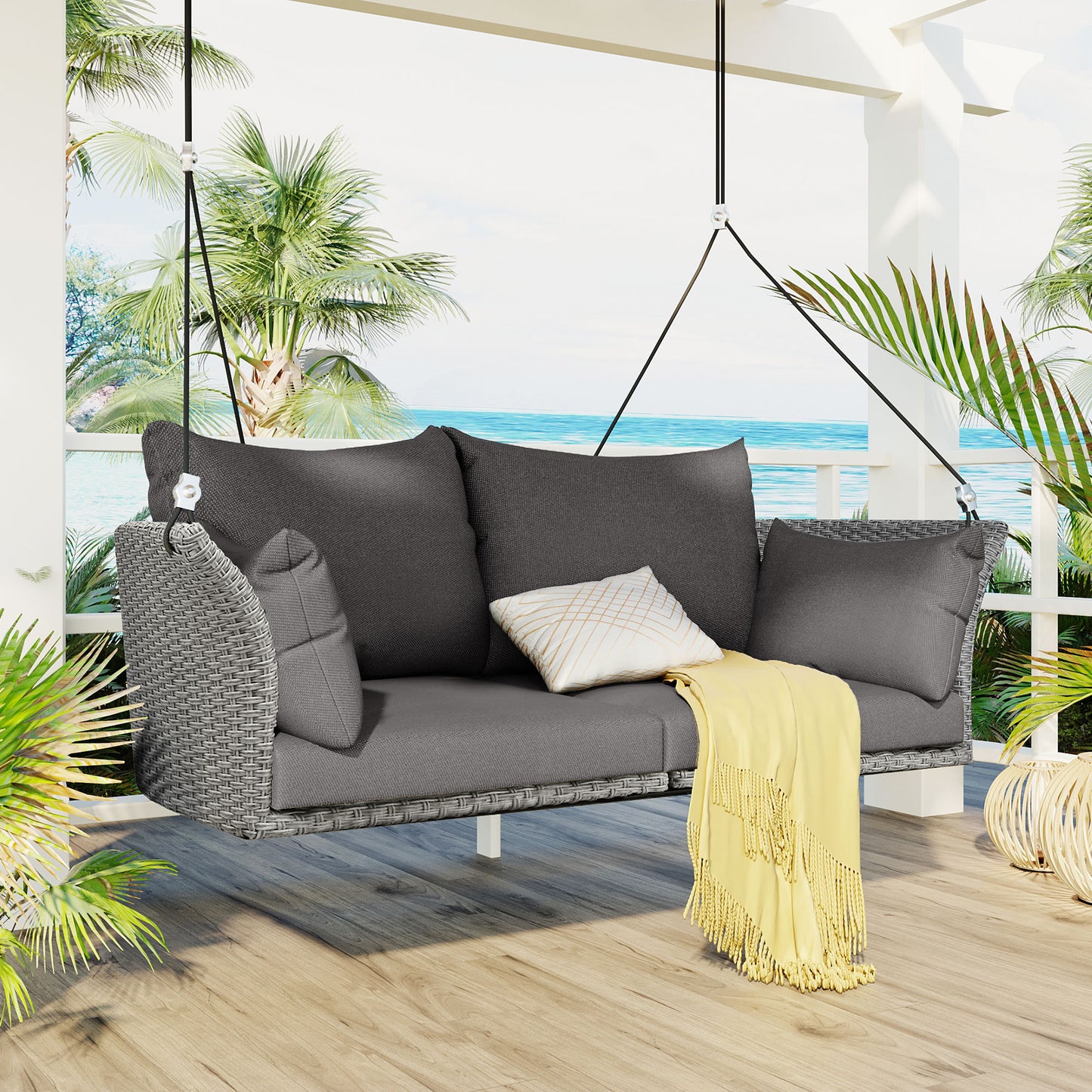 GO 51.9' 2-Person Hanging Seat, Rattan Woven Swing Chair, Porch Swing With Ropes, Gray Wicker And Cushion WF531575AAA
