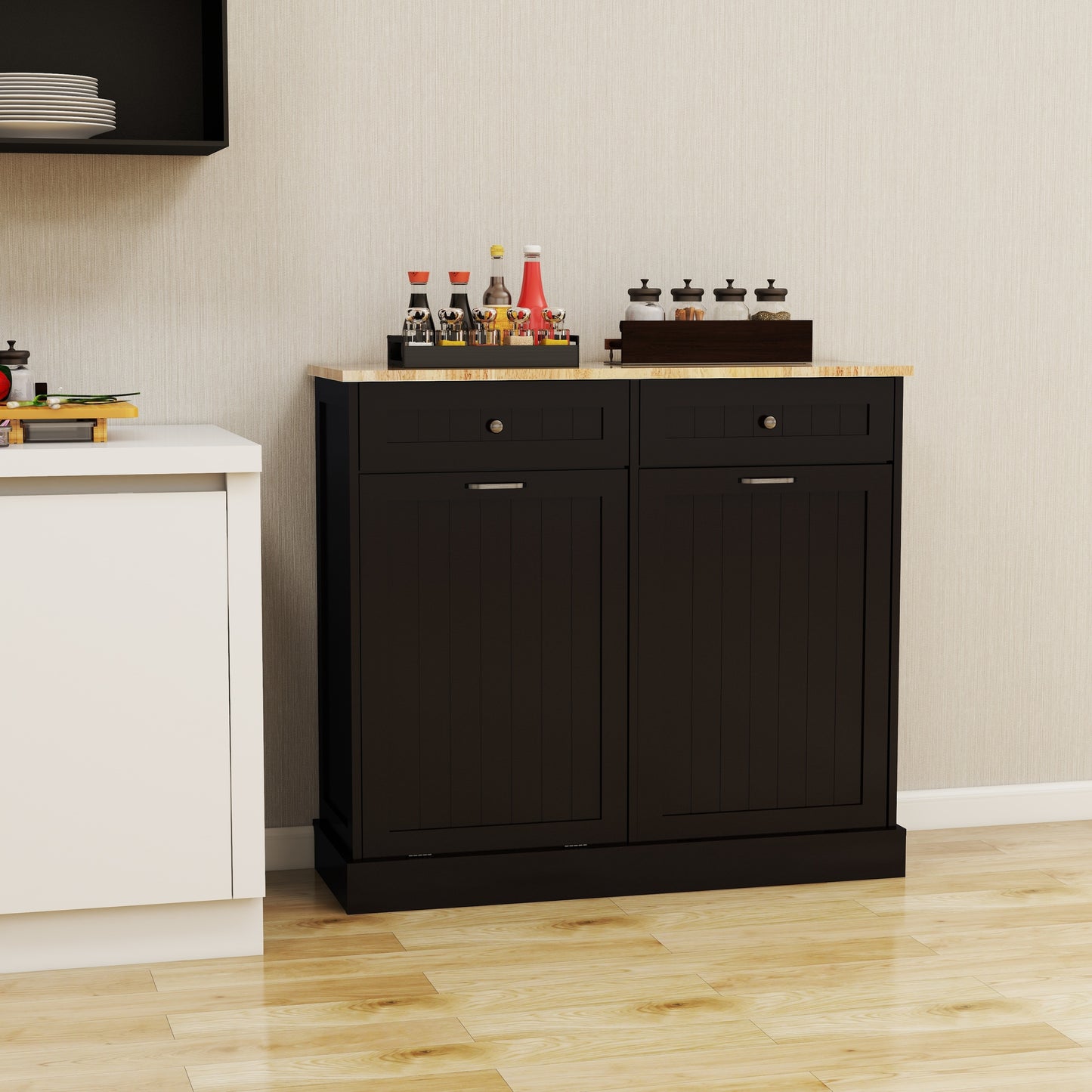 Two Drawers and Two-Compartment Tilt-Out Trash Cabinet Kitchen Trash Cabinet-Black W1120127329