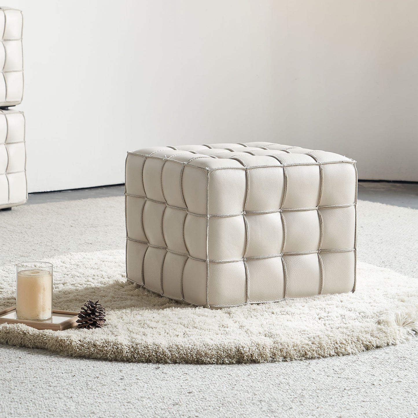 17.32''W Genuine Leather Tufted Ottoman,Footstool for Living Room & Bedroom,Beige Color W579P227861