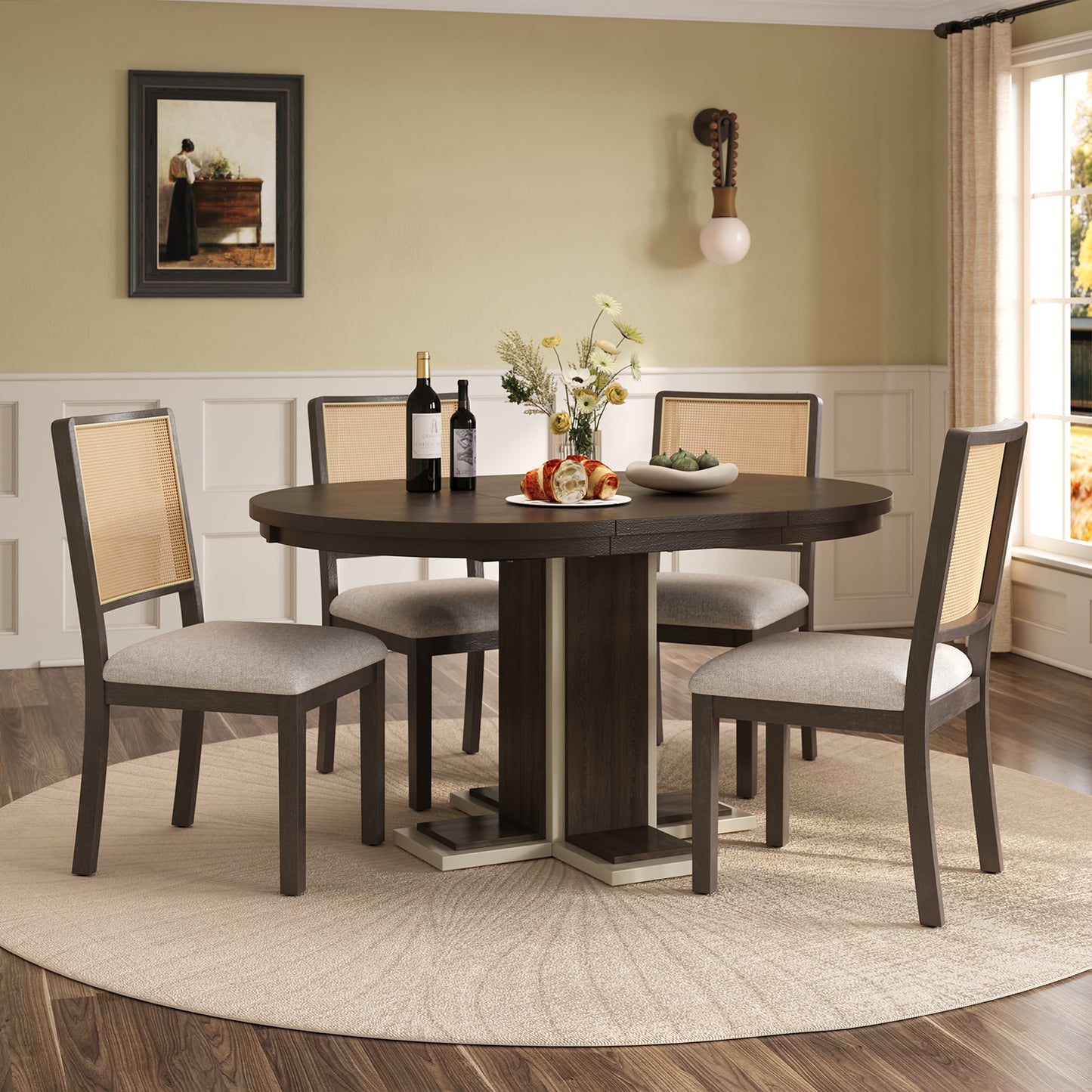 TREXM Round Dining Table for 4 with Chairs Set, Extendable Dining Table Set with 16' Removable Middle Leaf 5 Piece Retro Dining Table Set Double Layer Design for Kitchen Dining Room (Espresso) ST000136AAP