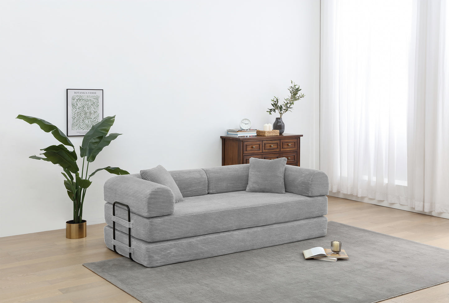 Convertible Sleeper Sofa Bed with Cylindrical Pillow - Corduroy Folding Mattress Couch with Fixed-Shape Frame for Living Room, Bedroom, Lounge, Studio - Light Gray W3199P309003