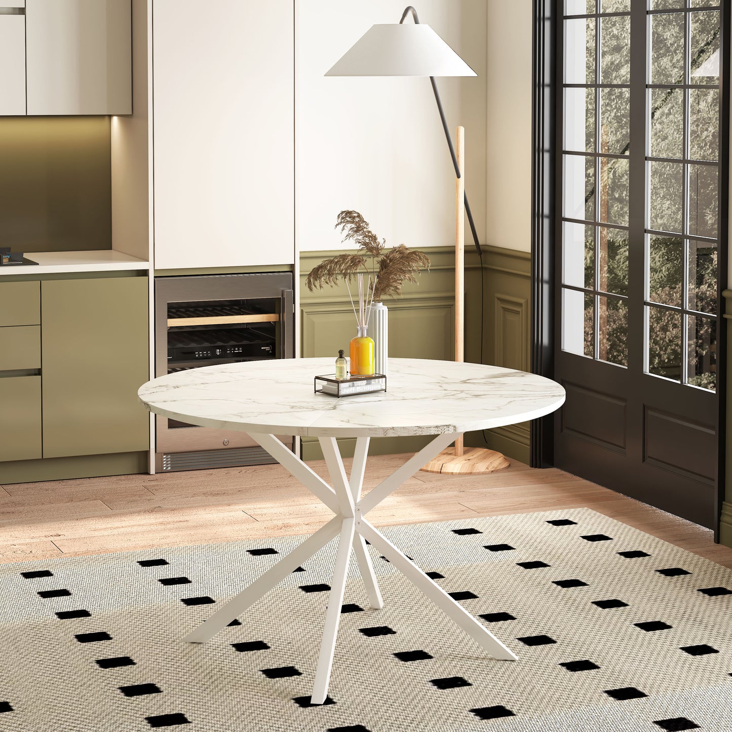 47.24'' Modern Cross Leg Round Dining Table, White Marble Top Occasional Table, Two Piece Removable Top, Matte Finish Iron Legs W757140949