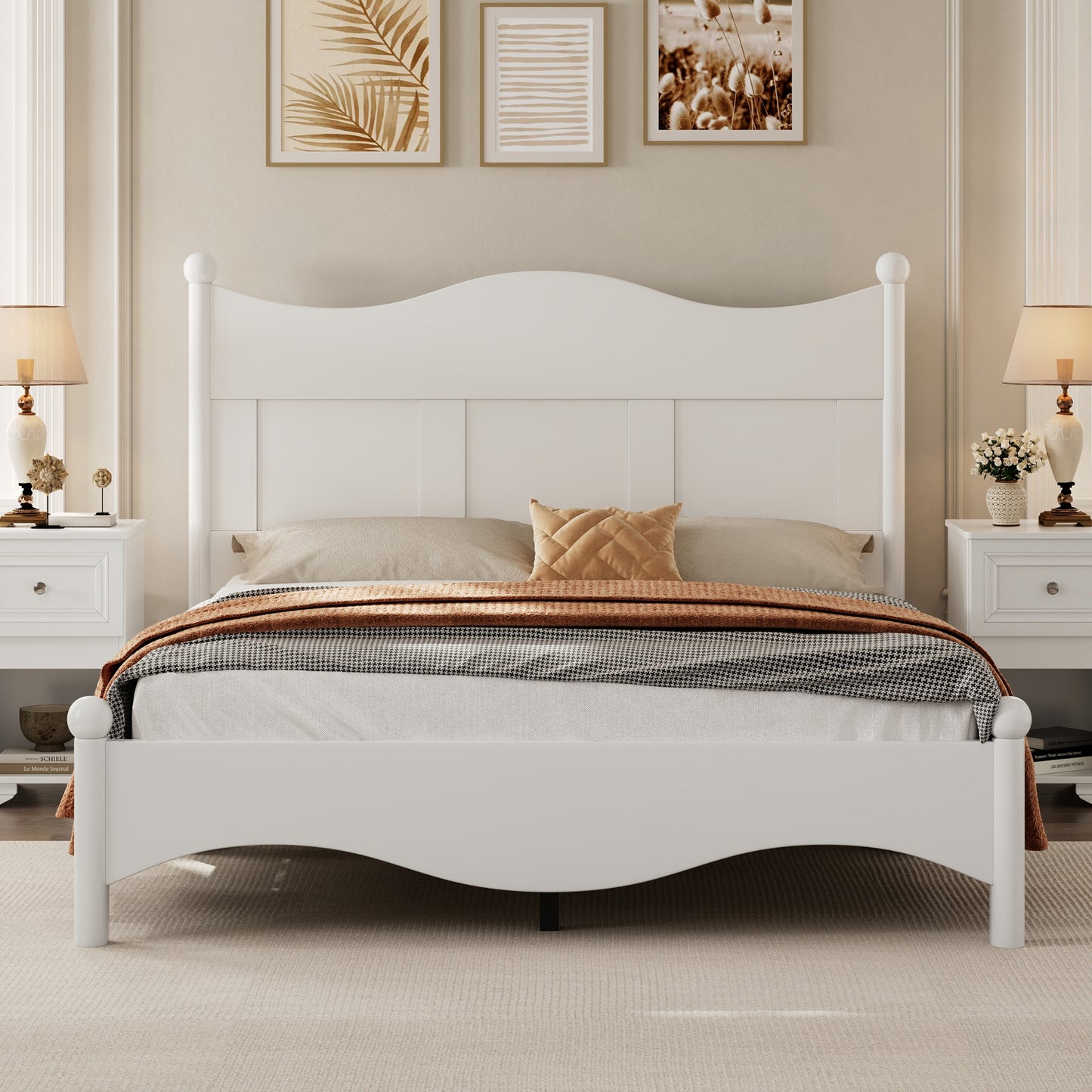 Queen Size Elegant Design Wood Platform Bed Frame,Retro Style Platform Bed with Wooden Slat Support,White N733P199703K