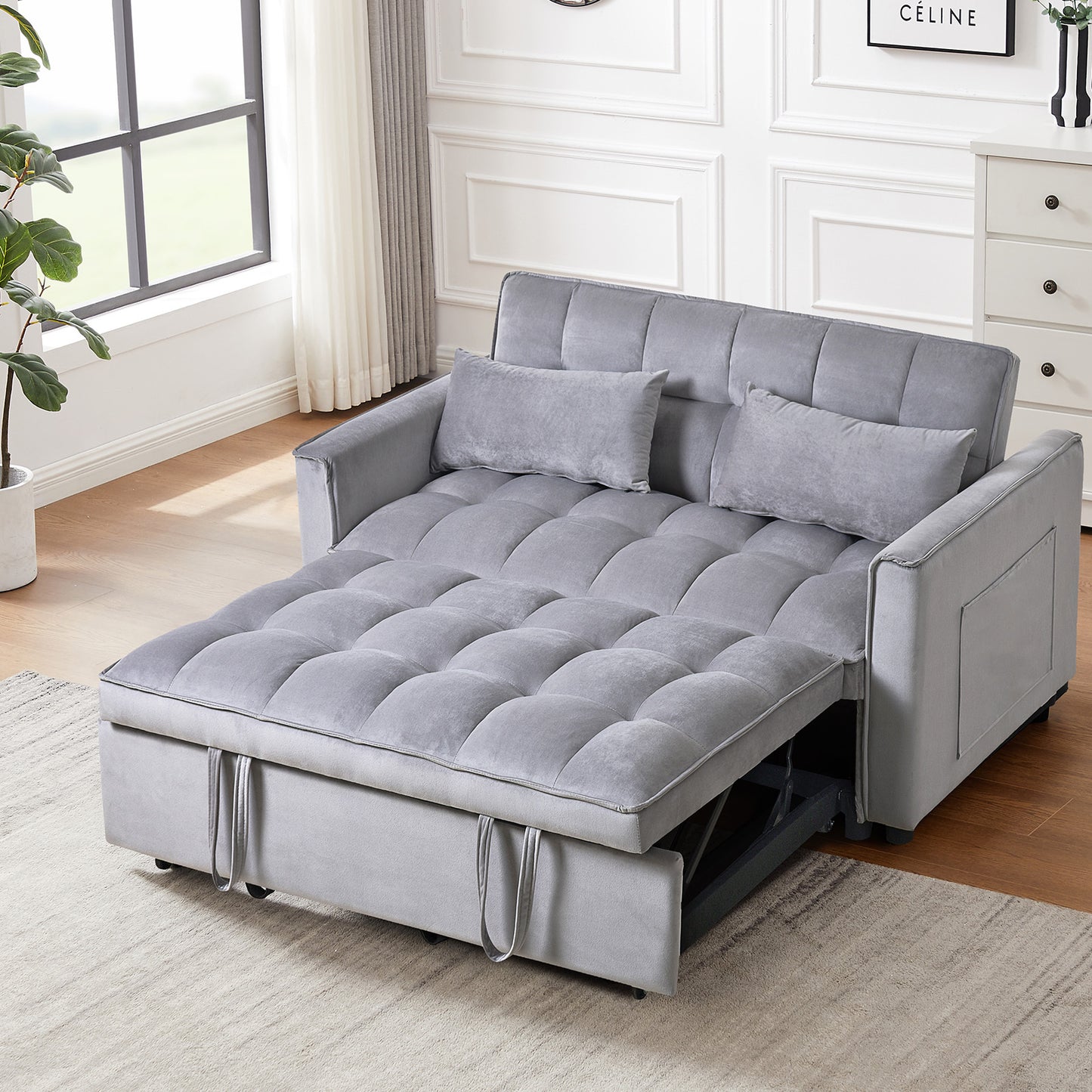 3 in 1 Convertible Sleeper Sofa Bed, Modern Pull Out Couch Bed, Adjustable Backrest, Velvet Loveseat Futon Sofa with Pillows & Pockets for Living Room Apartment, Grey W2121P179225