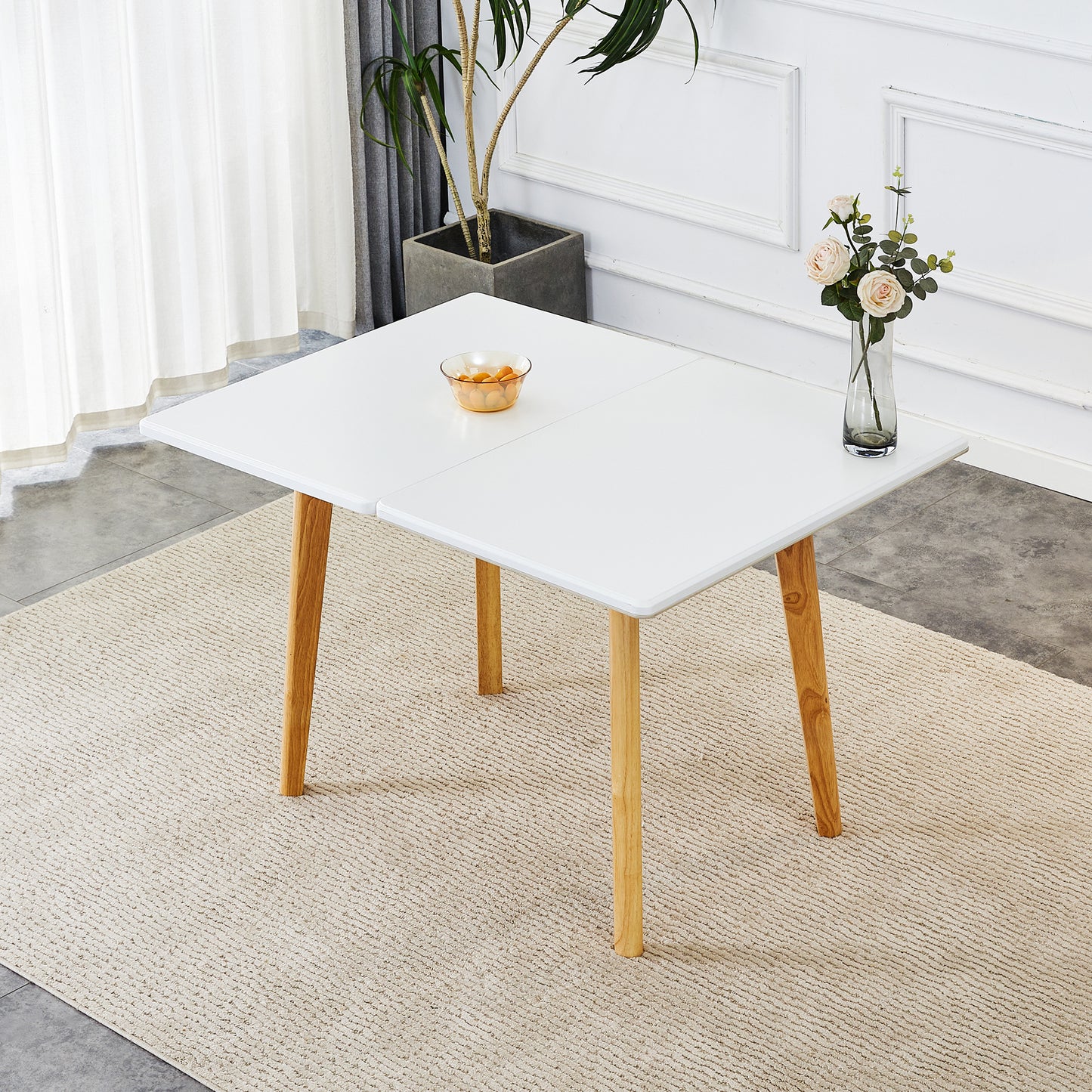 White sintered stone tabletop with rubber wooden legs, foldable computer desk, foldable office desk, suitable for restaurants, living rooms, terraces, kitchens W1151P145183