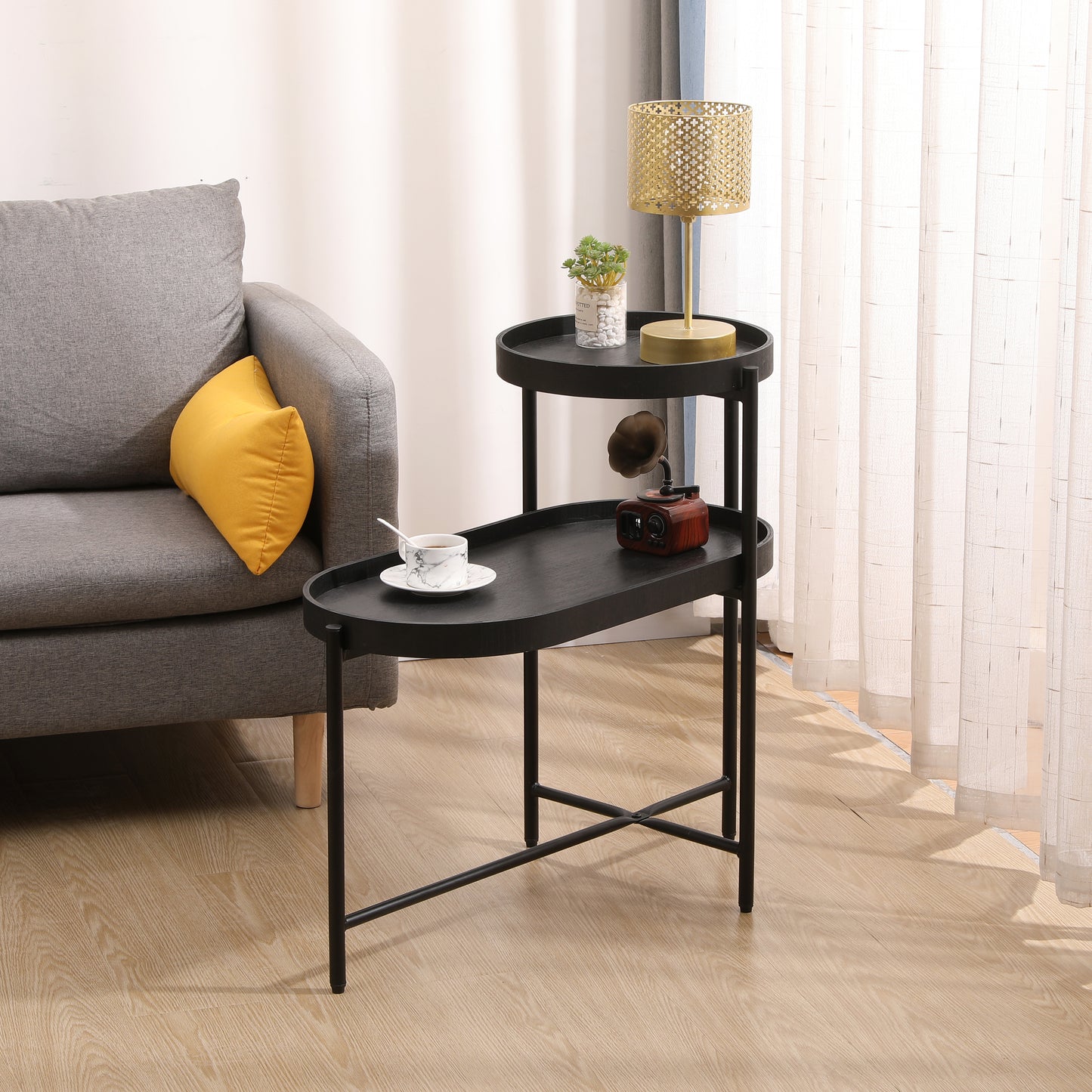 2-Tier Black Side Table with Storage Sofa Table for Living Room Metal Frame & Wooden Desk End Table W1757104752