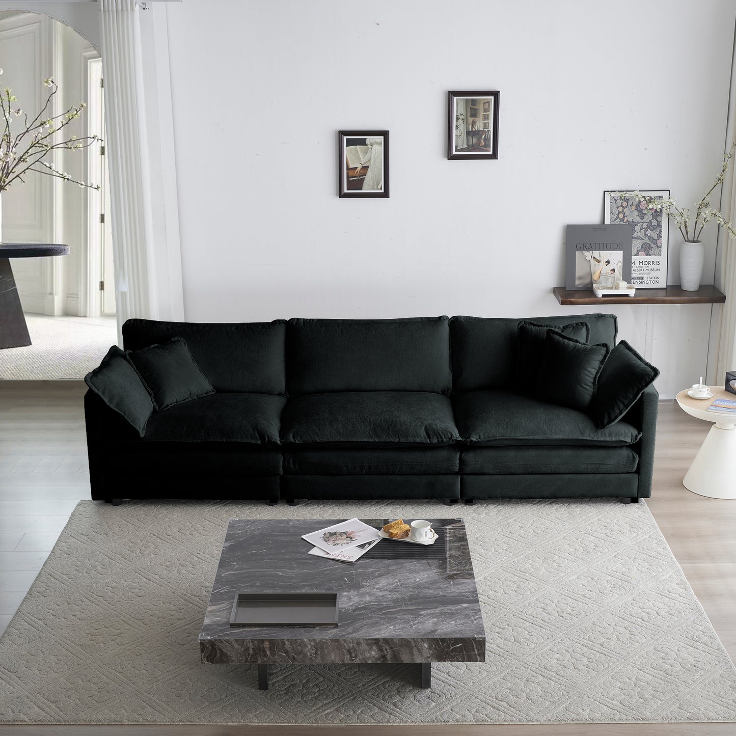 Mid-Century Modern Couch 3-Seater Sofa with 2 Armrest Pillows and 3 Toss Pillows, Couch for Living Room Black Chenille W714S00627
