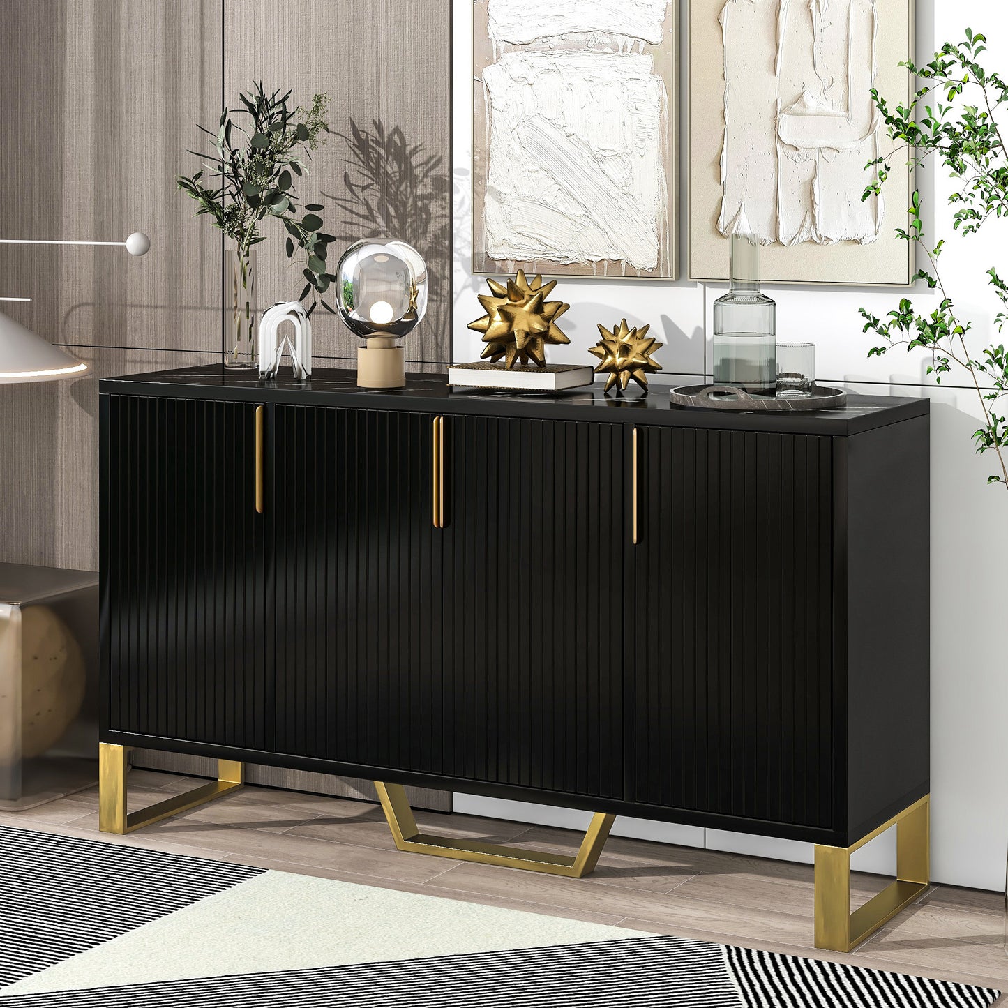 TREXM Modern sideboard with Four Doors, Metal handles & Legs and Adjustable Shelves Kitchen Cabinet (Black) WF295368AAB