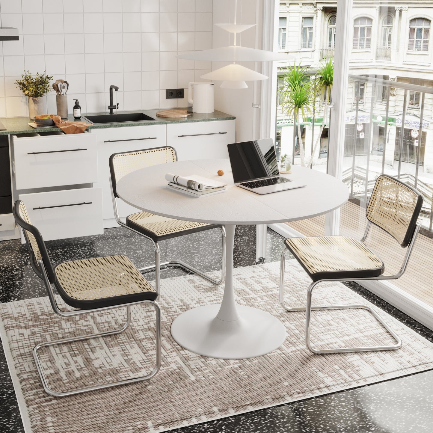 47.24'Modern Round Dining Table,Four Patchwork Tabletops with White Color Solid Wood Grain Table Top,Metal Base Dining Table, End Table Leisure Coffee Table W757140928