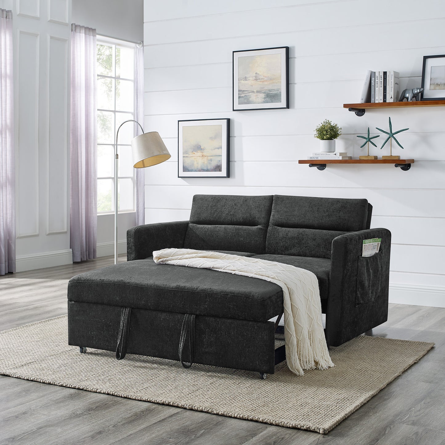 Loveseats Sofa Bed with Pull-out Bed,Adjsutable Back and Two Arm Pocket,Black (54.5'x33'x31.5') W48766865