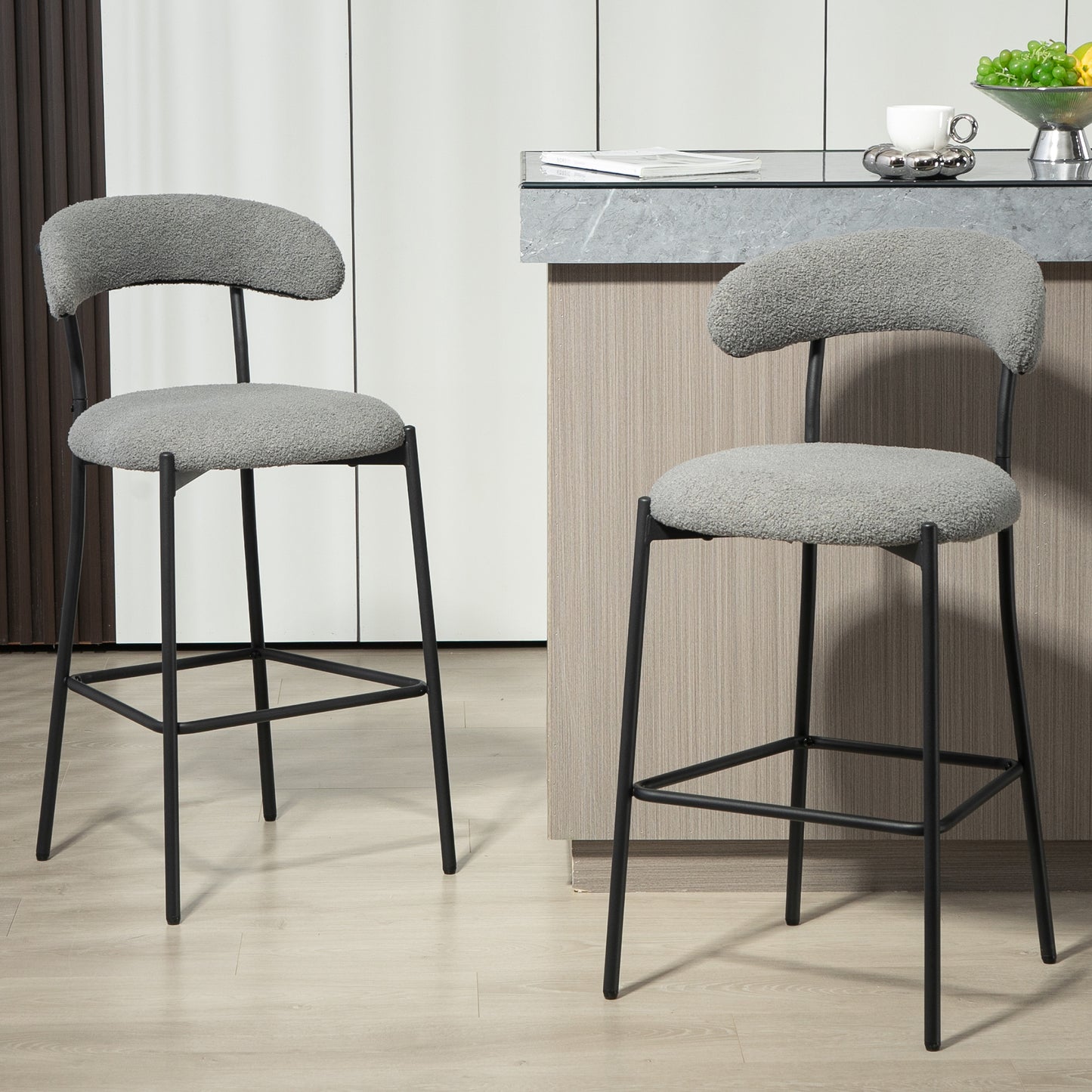 26'' Counter height bar stools Teddy fabric cover kitchen island counter bar stool with black powder coating base and footrest(Grey) W2215P196283