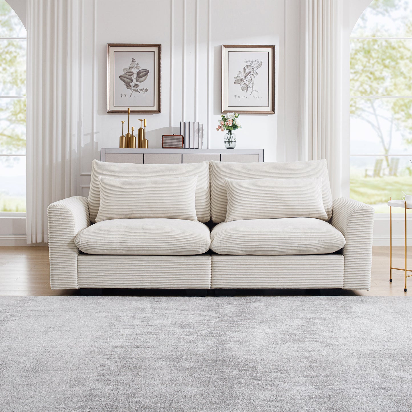 Beige Corduroy Sofa Couch, Deep Seat Couches for Modern Living Room/Apartment/Office W714S00637