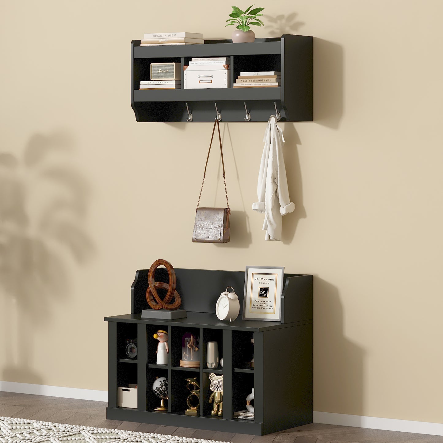 ON-TREND Shoe Storage Bench with Shelves and 4 Hooks, Elegant Hall Tree with Wall Mounted Coat Rack, Entryway Organizer For Hallway, Foyer, Mudroom, Black WF313576AAB