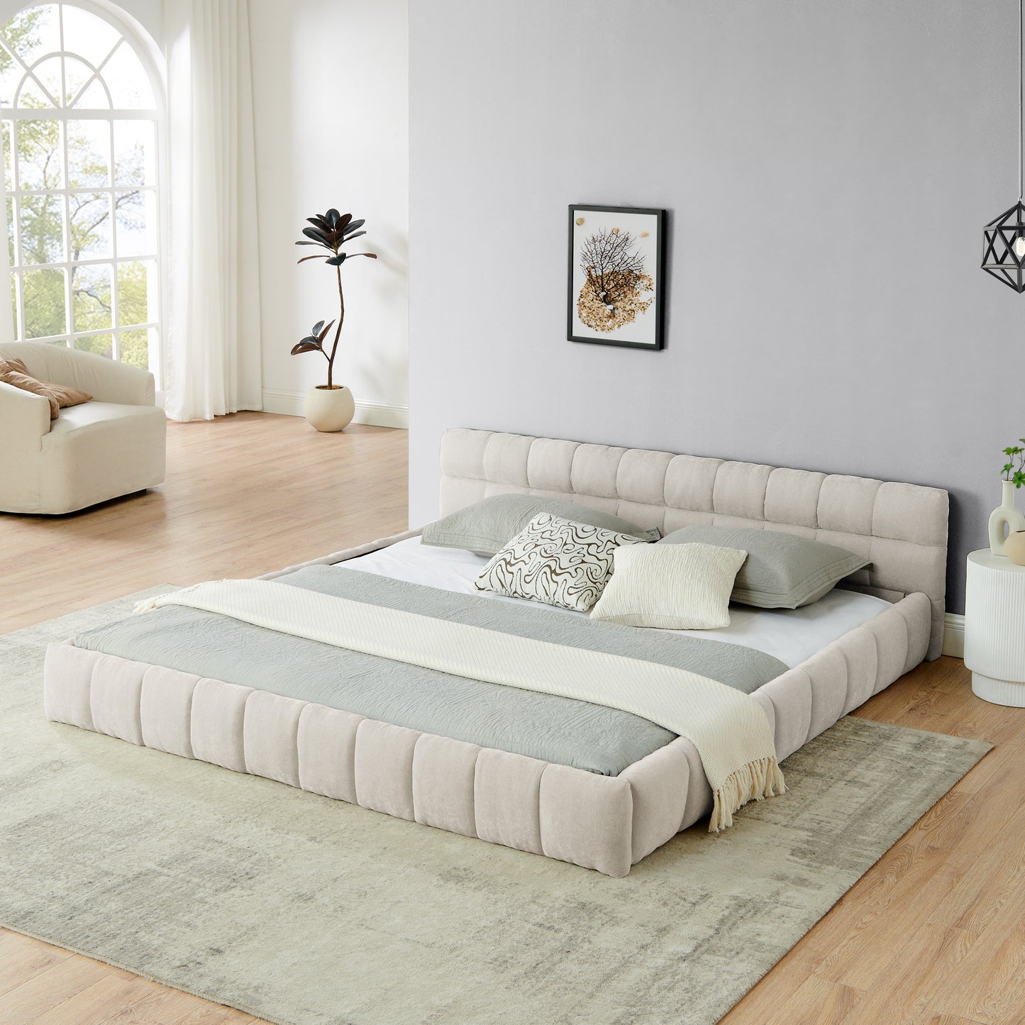 King size Upholstered Bed Frame with Thick Fabric, Chenille Fabric Grounded Queen Size Platform Bed with Headboard and Solid Frame. No Box Spring Needed-Beige(88.5''*85.5''*31'') W487P246689