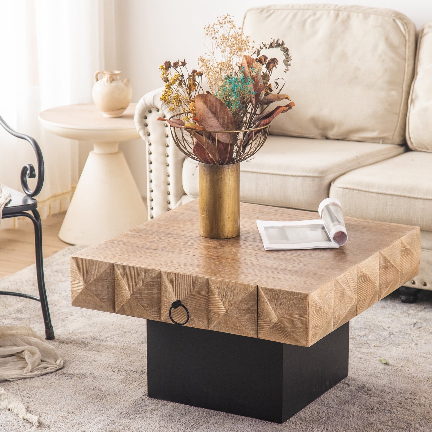 32.28'Three-dimensional Embossed Pattern Square Retro Coffee Table with 2 Drawers and MDF Base W757126828