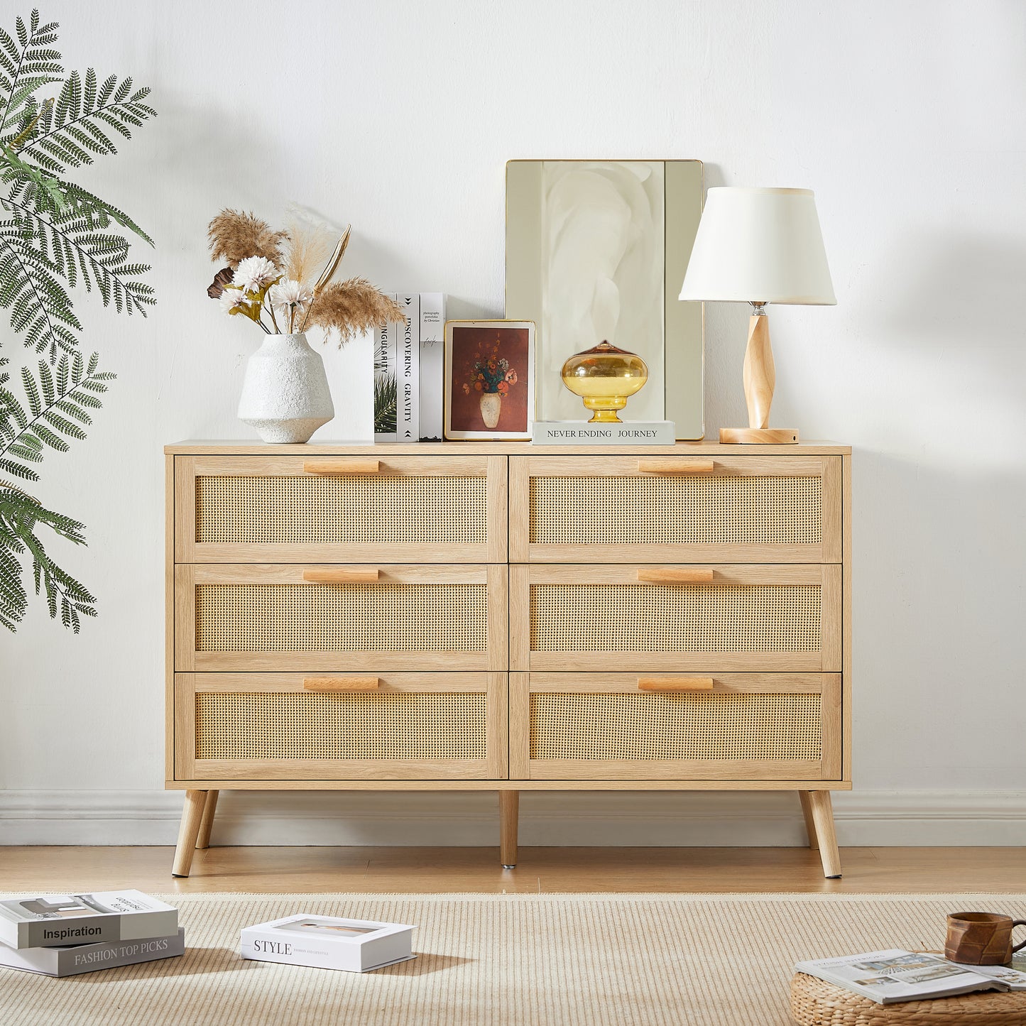 Bedroom dresser, 6 Double Dresser with rattan drawers, wood chest of drawers for kids room, living room, entry and hallway, Natural, 47.2'' W x 15.8'' D x 30'' H. W1162P190401