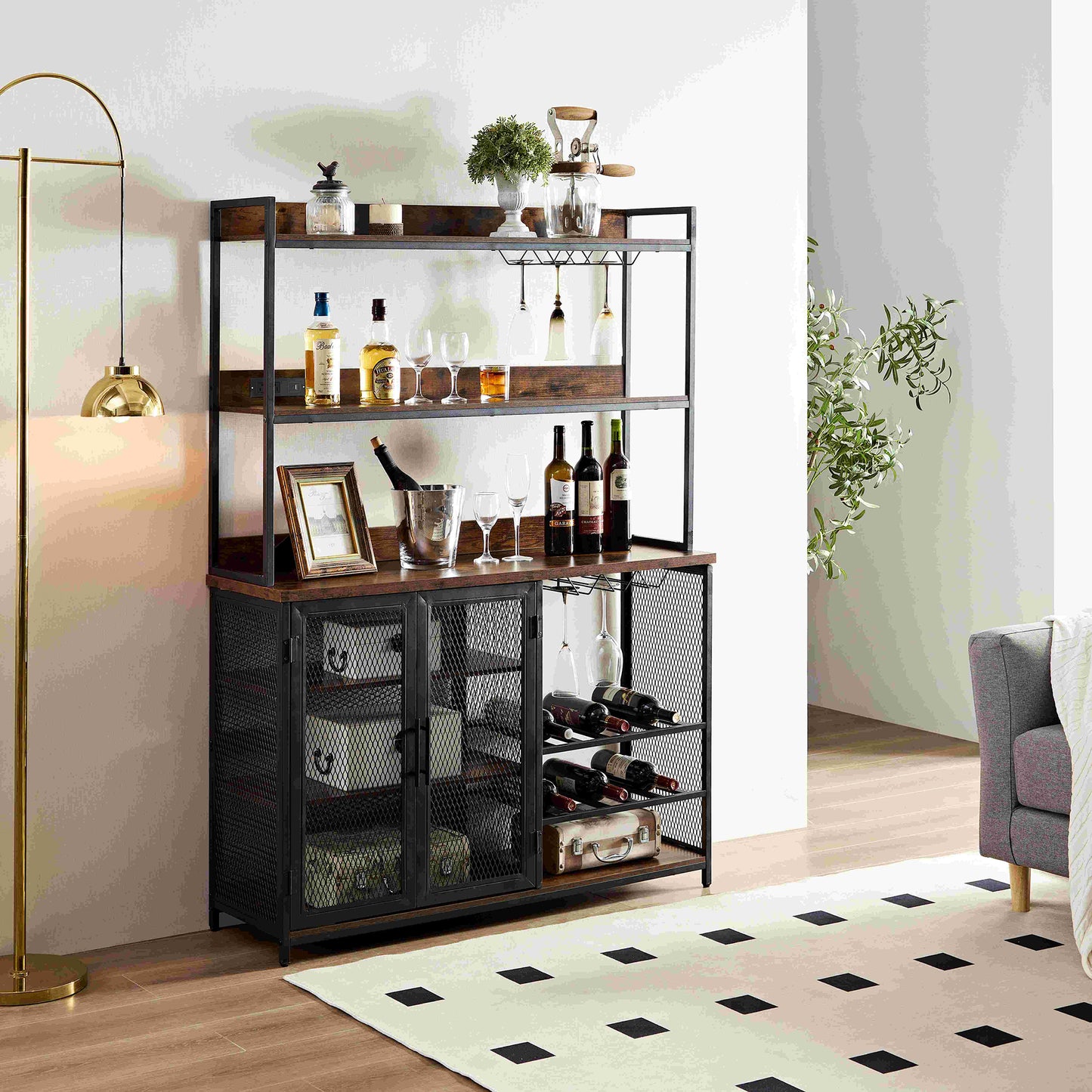 Coffee Bar Cabinet with Power Outlet, Industrial Buffet Cabinet with LED Strip and Glass Holder, 3-Tiers Liquor Cabinet Bar for Home, Dining Room, Kitchen, Vintage Brown W1705P179846