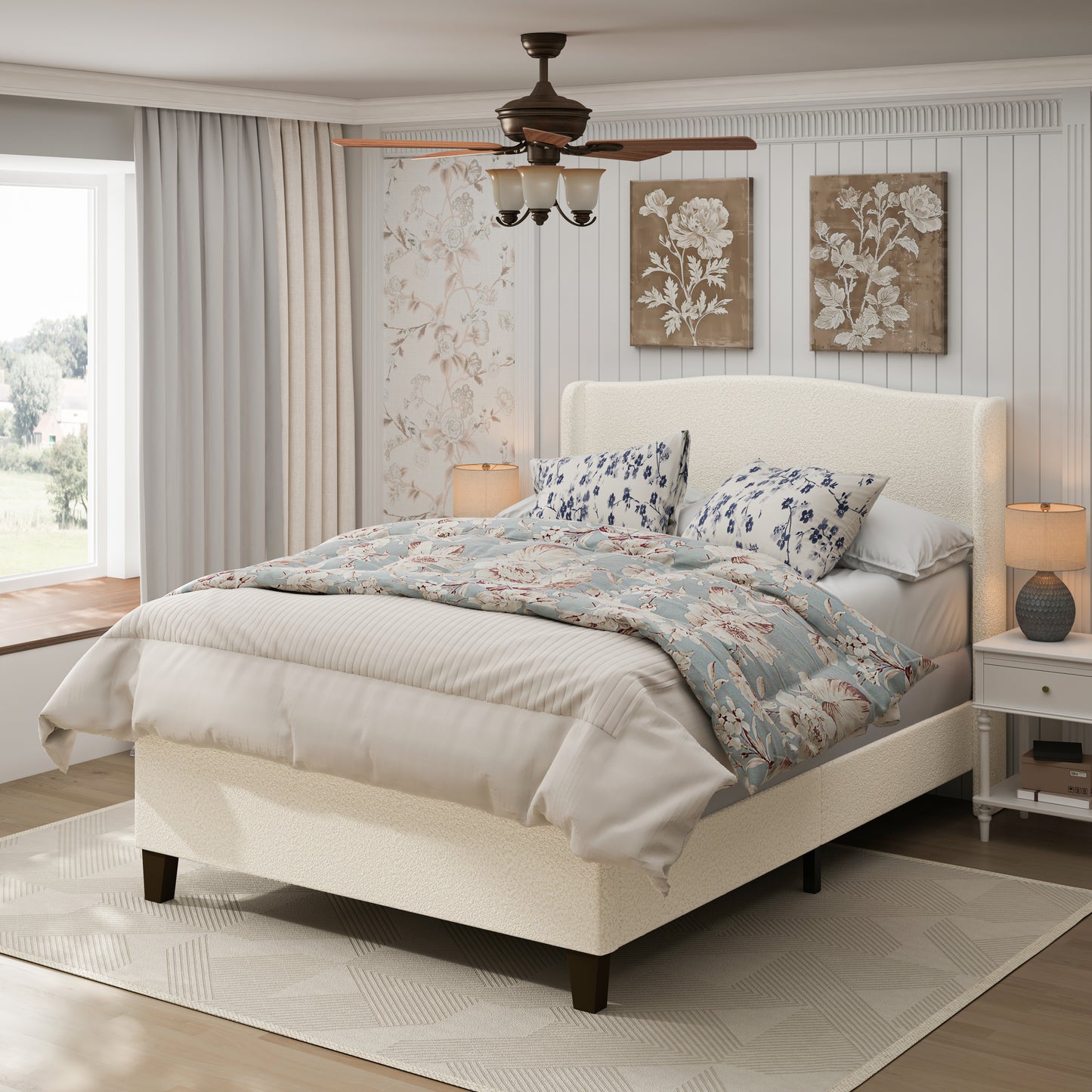 Queen Size Bed Frame with 49.21'High Back Upholstered Headboard and 27.17' High Footboard,Teddy Velvet,12 Slat Support,Solid Wood Feet,No Box Spring Needed(white) W1716P335671