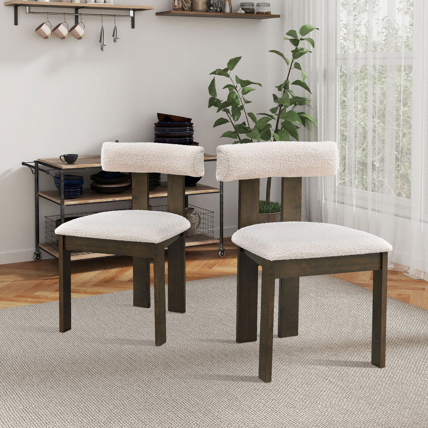 Wooden Dining Chairs Set of 2, Modern Boucle Upholstered Kitchen Side Chairs,Mid Century Modern Kitchen Chairs with Open Back Farmhouse Wooden Side Chairs for Dining Room,Living Room,Restaurant W2582P188297