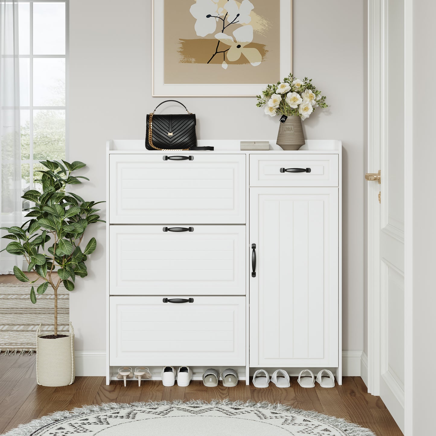 White color shoe cabinet with 4 doors 1 drawers,large space for storage W1320P147738