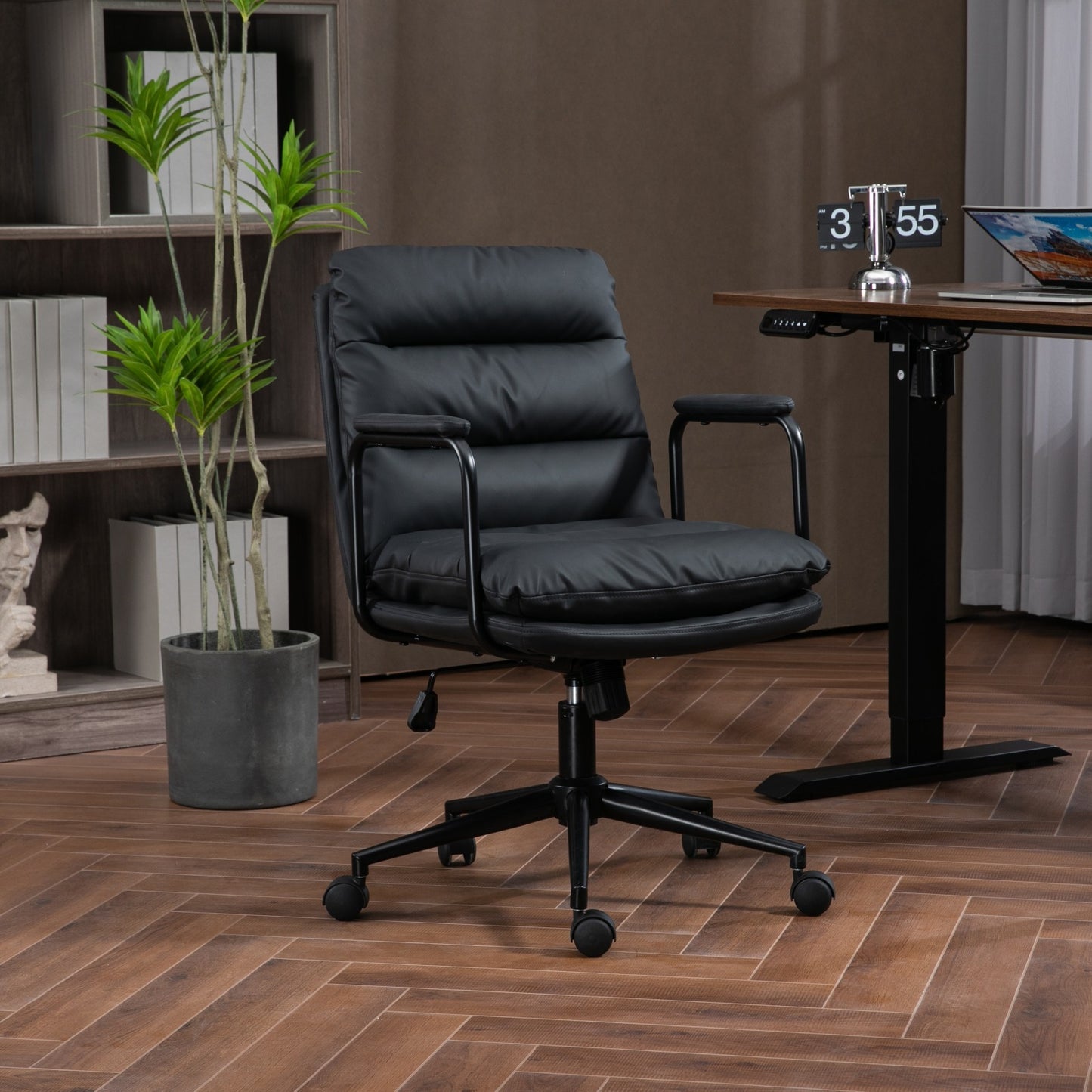 Office Chair,Mid Back Home Office Desk Task Chair with Wheels and Arms Ergonomic PU Leather Computer Rolling Swivel Chair with Padded Armrest,The back of the chair can recline 40° (Black) W1143133924