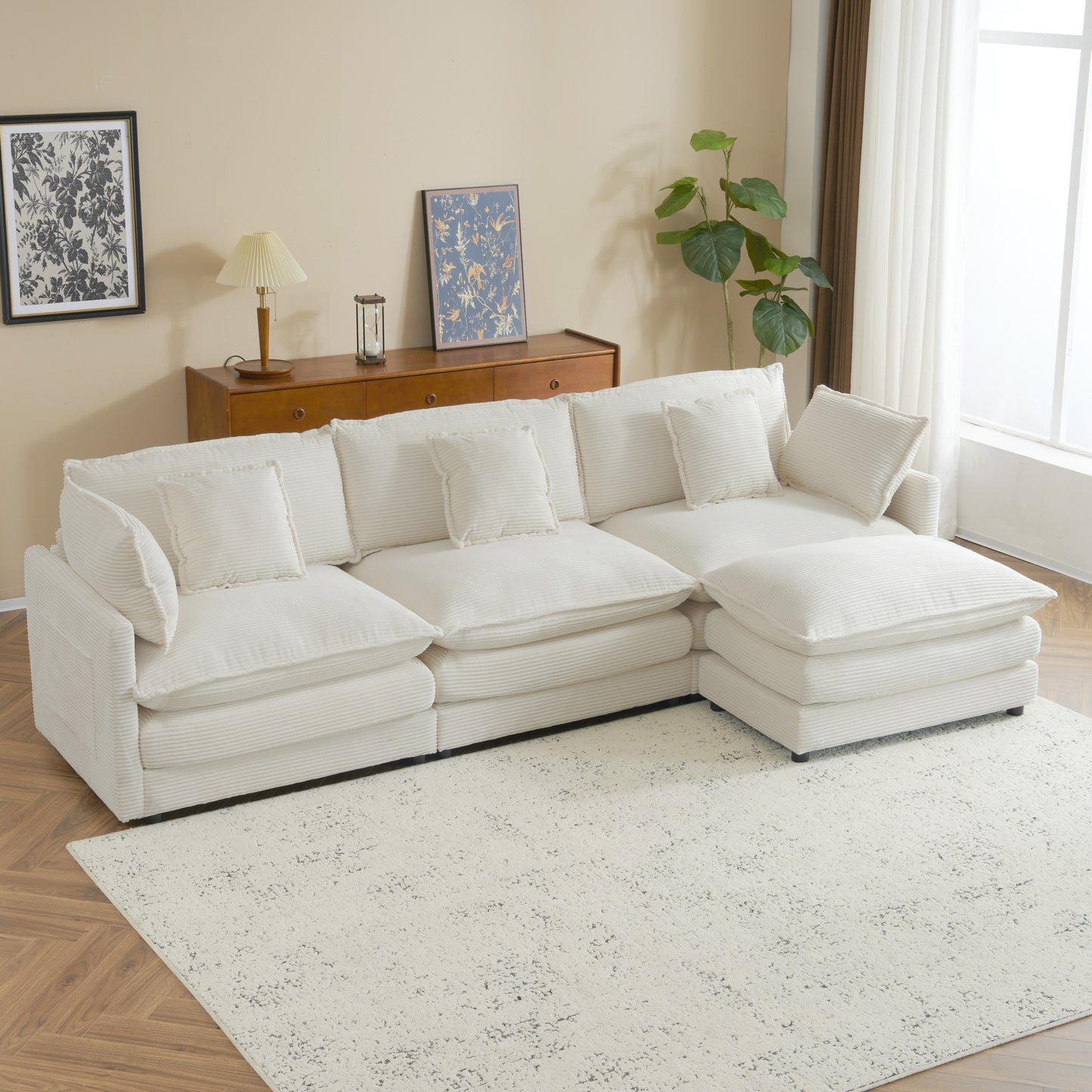 112.6' Modern Sofa Modular Sofa Couch Upholstered Corduroy L-Shape Sectional Sofa with Side Storage Pockets for Living Room, Beige N719S001723A