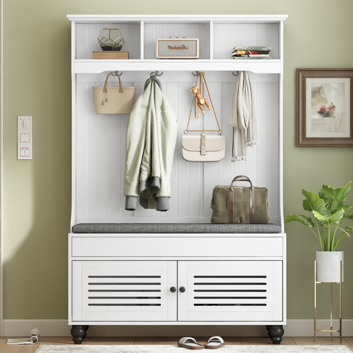 U-Can 5-in-1 Entryway Bench with Shutter-shaped doors, Coat Rack, Cushion and 4 Sturdy Hooks, 47.2'' Wide Hall Tree with Storage Bench for Hallway, Entryway, Living Room WF311556AAK