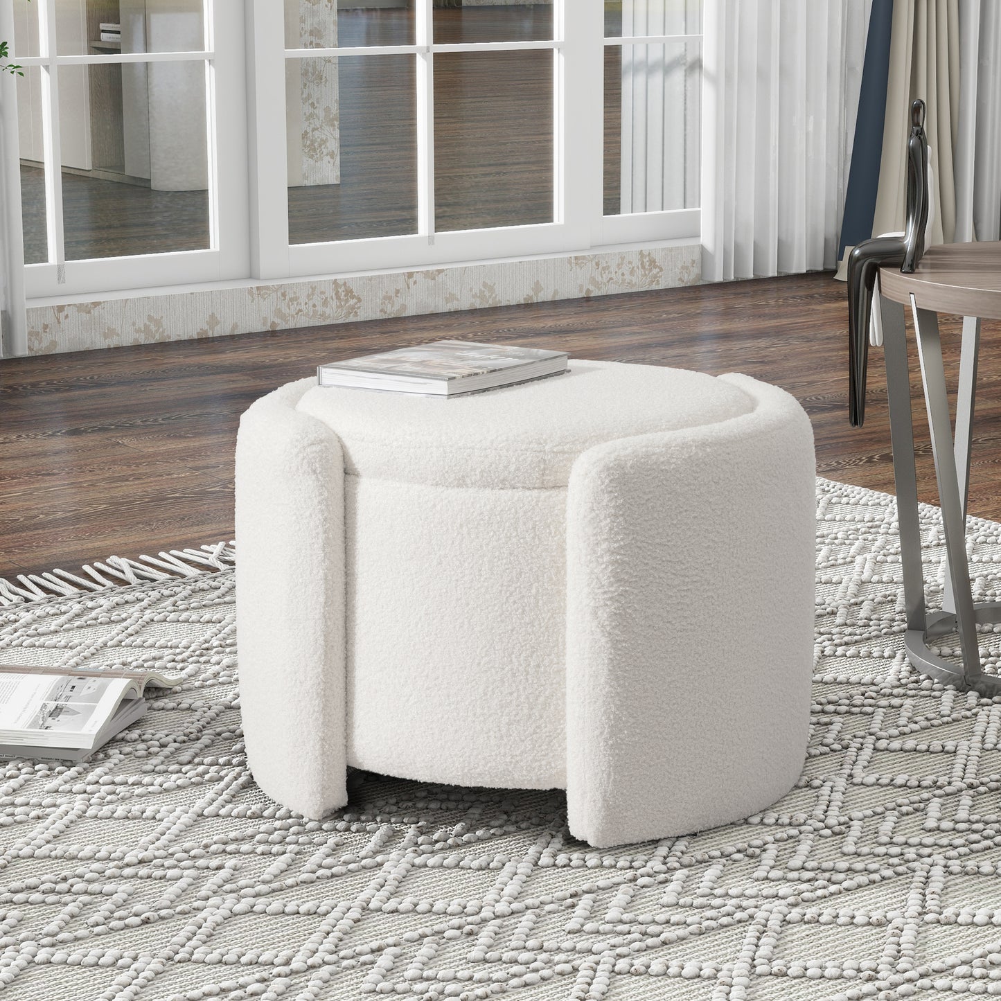 Round Ottoman teddy fleece cushioned footpads living room and bedroom footstool with storage space (White) W2941P242294