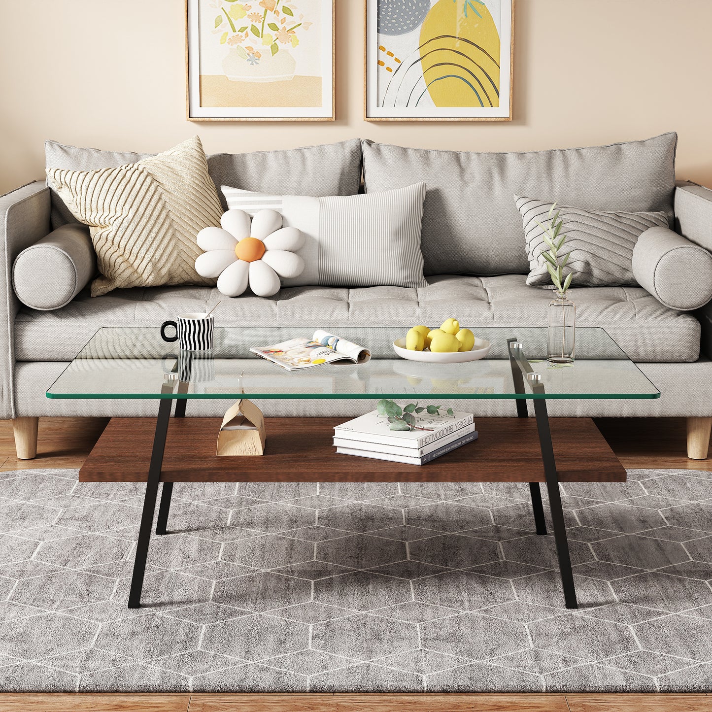 Rectangle Coffee Table, Tempered Glass Tabletop with Black Metal Legs, Modern Table for Living Room , Transparent Glass W241126031