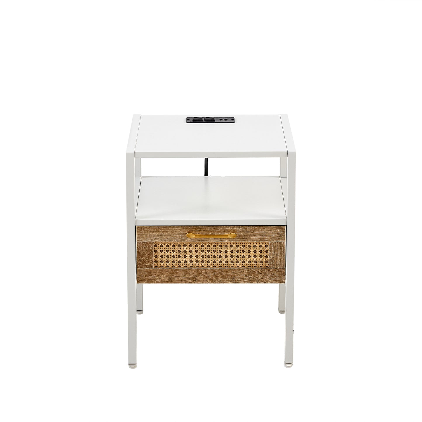 Modern Rattan End Table Set with Power Outlet & USB Ports, White MDF & Metal, 15.75' W1265123648