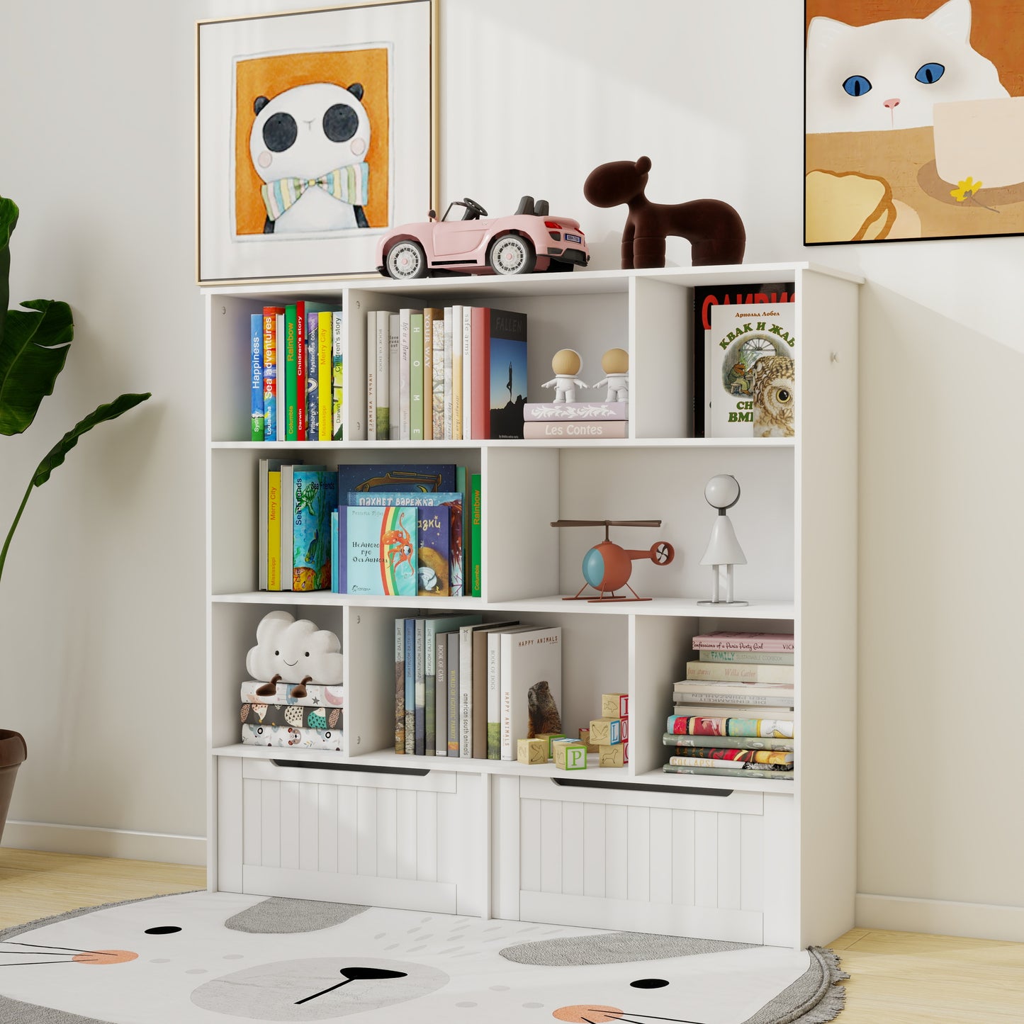 Toy Storage Organizer with 2 Movable Drawers, Multi-Functional 7 Shelf Kids Bookcase with 2 Hooks, Children Book Shelf for Kids Room, Nursery Storage Book Rack for Playroom, Classroom-White W282P196031