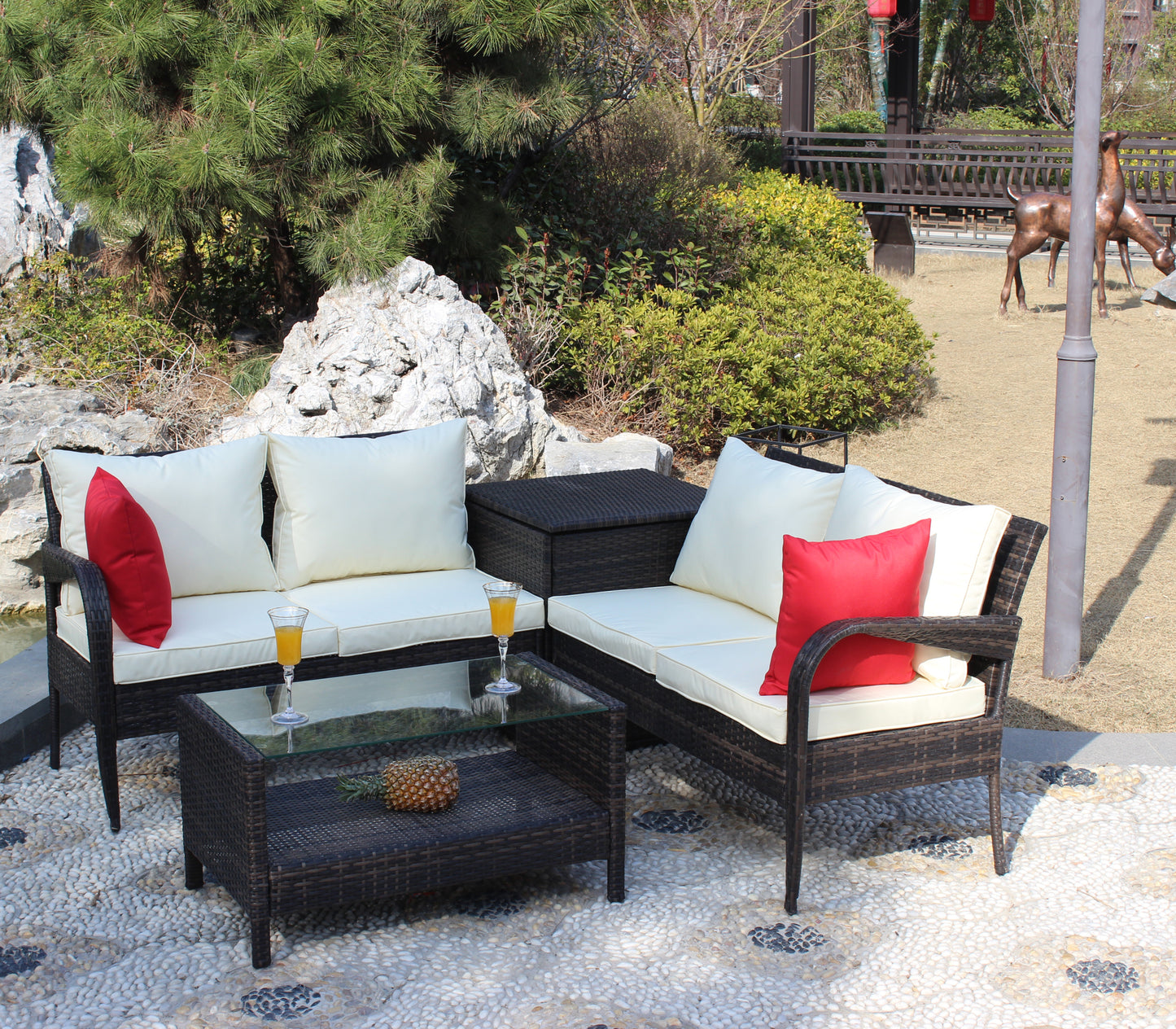 4 Piece Patio Sectional Wicker Rattan Outdoor Furniture Sofa Set with Storage Box Brown W209S00010