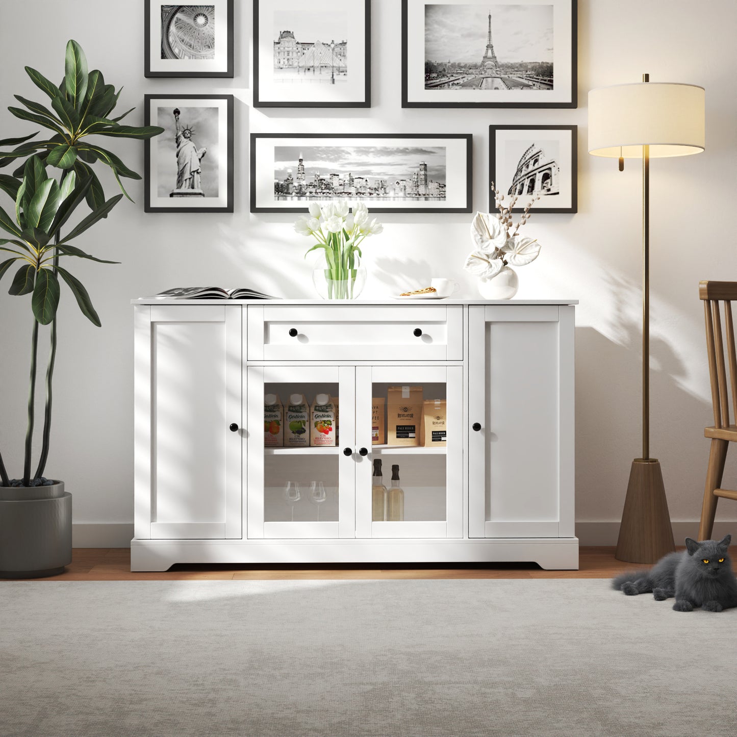 Buffet Cabinet with Storage, Modern Sideboard Buffet with Doors, Wood Coffee Bar Kitchen Storage Cabinet with Drawer and Adjustable Shelf for Kitchen, Dining Room, Living Room, White W331S00161