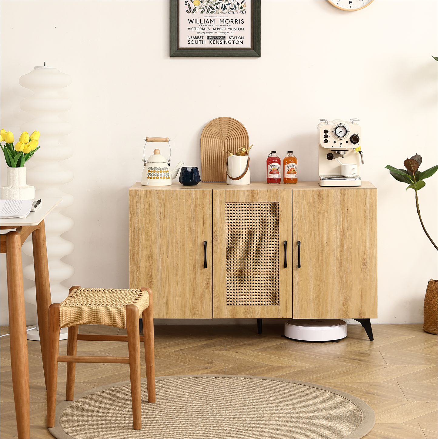 Three-Door Cabinet with Natural Rattan Mesh - Large Storage Space, Kitchen Storage Cabinet .Stable and Durable Structure, Perfect for Living Rooms or Restaurants 45.3inch W158183966