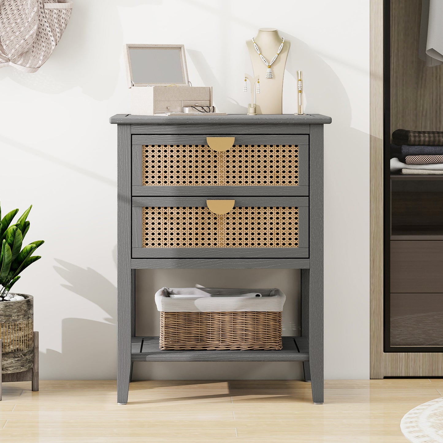 2 Drawer Side table,Naturel Rattan,End table,Suitable for bedroom, living room, study W68858074