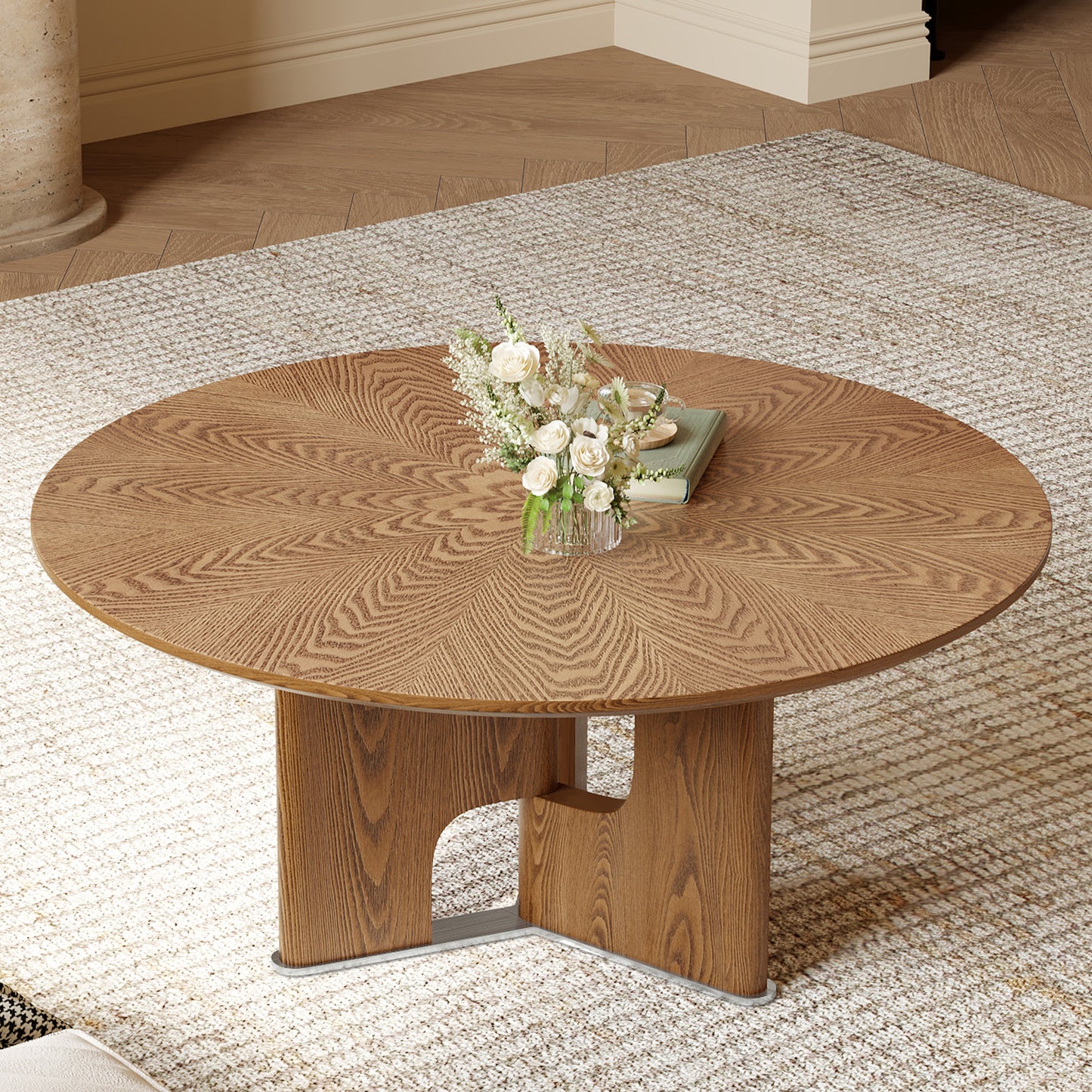 31.5 Inches Round Rustic Ash Wood Veneer Coffee Table for Small Living Room W3136P354198