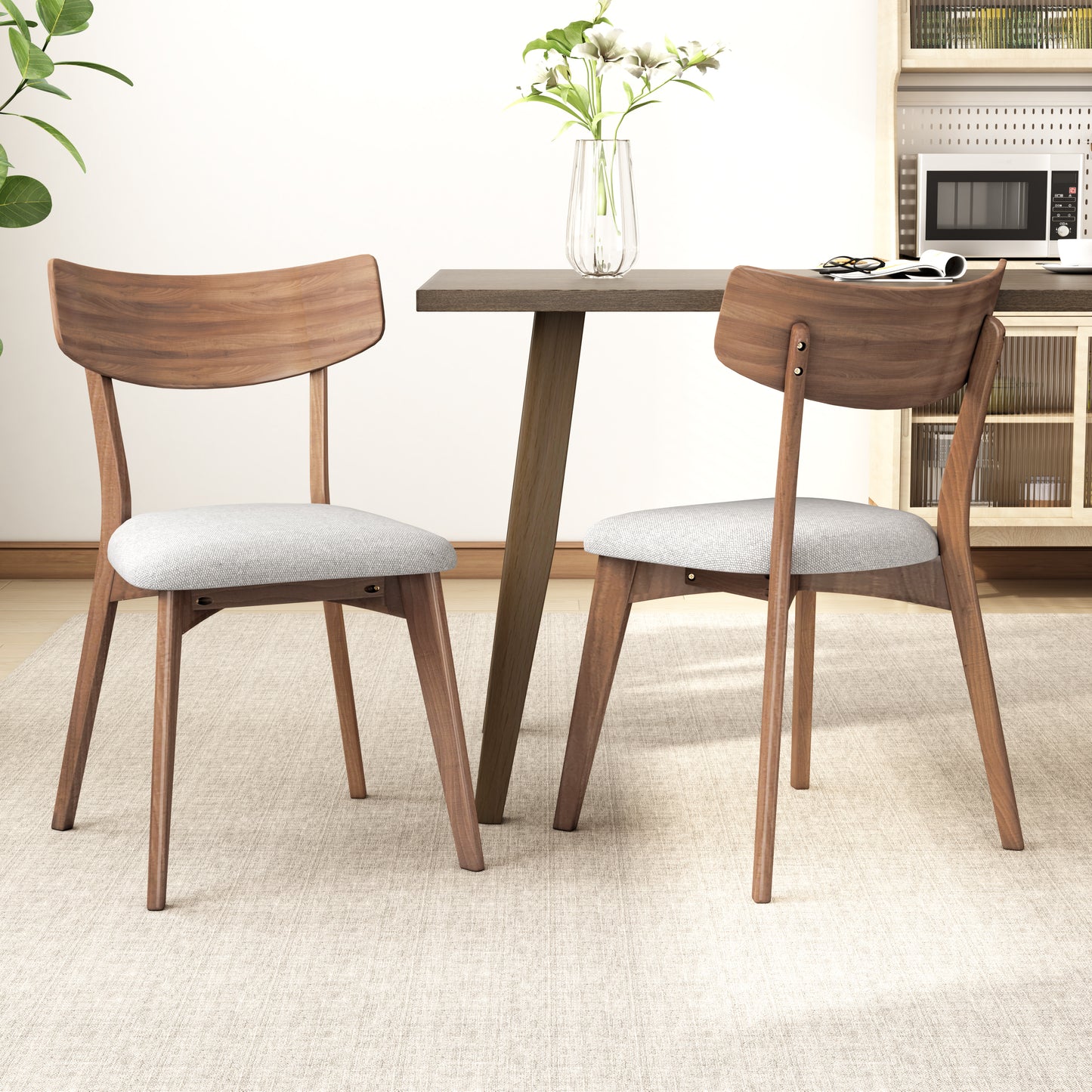 Mid-Century Walnut Finished Frame Upholstered Dining Chairs (Set of 2) (Light Beige) N768P189387L