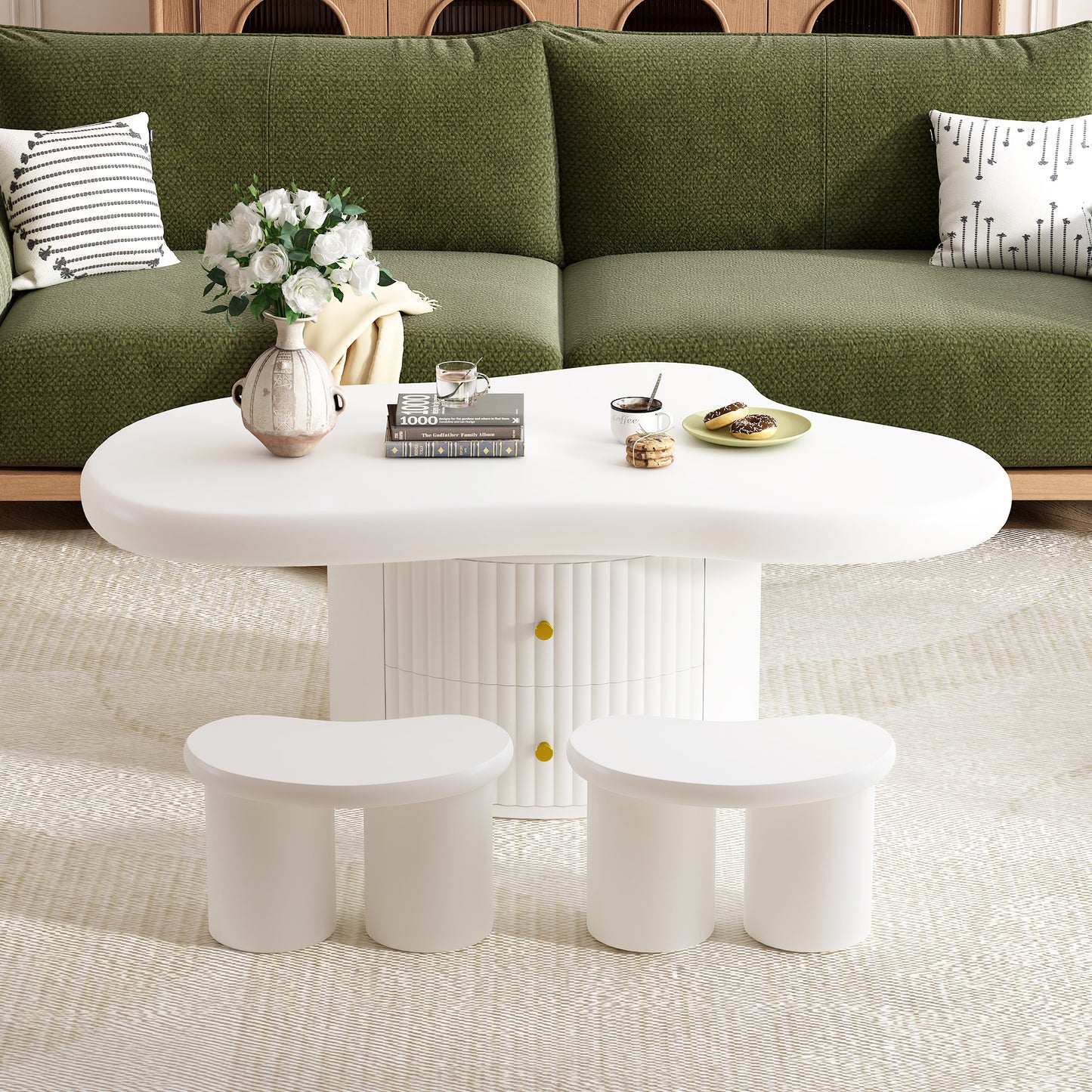 U-Can Cloud Coffee Table Set of 3, Irregular Shape Coffee Table with 2 Drawers, 2 Small Stools for Living Room SJ000128AAK