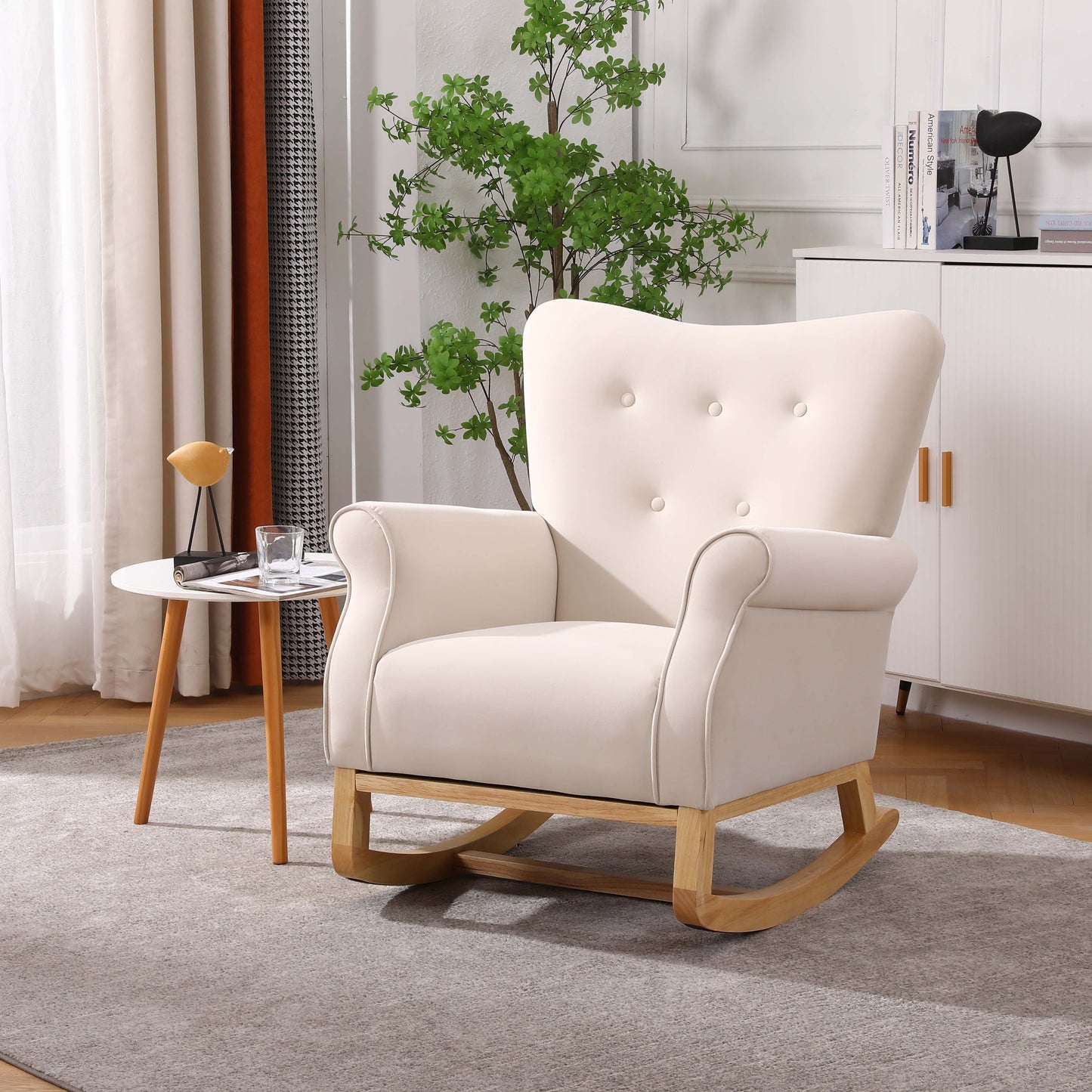 Baby Room High Back Rocking Chair Nursery Chair , Comfortable Rocker Fabric Padded Seat ,Modern High Back Armchair W136158990