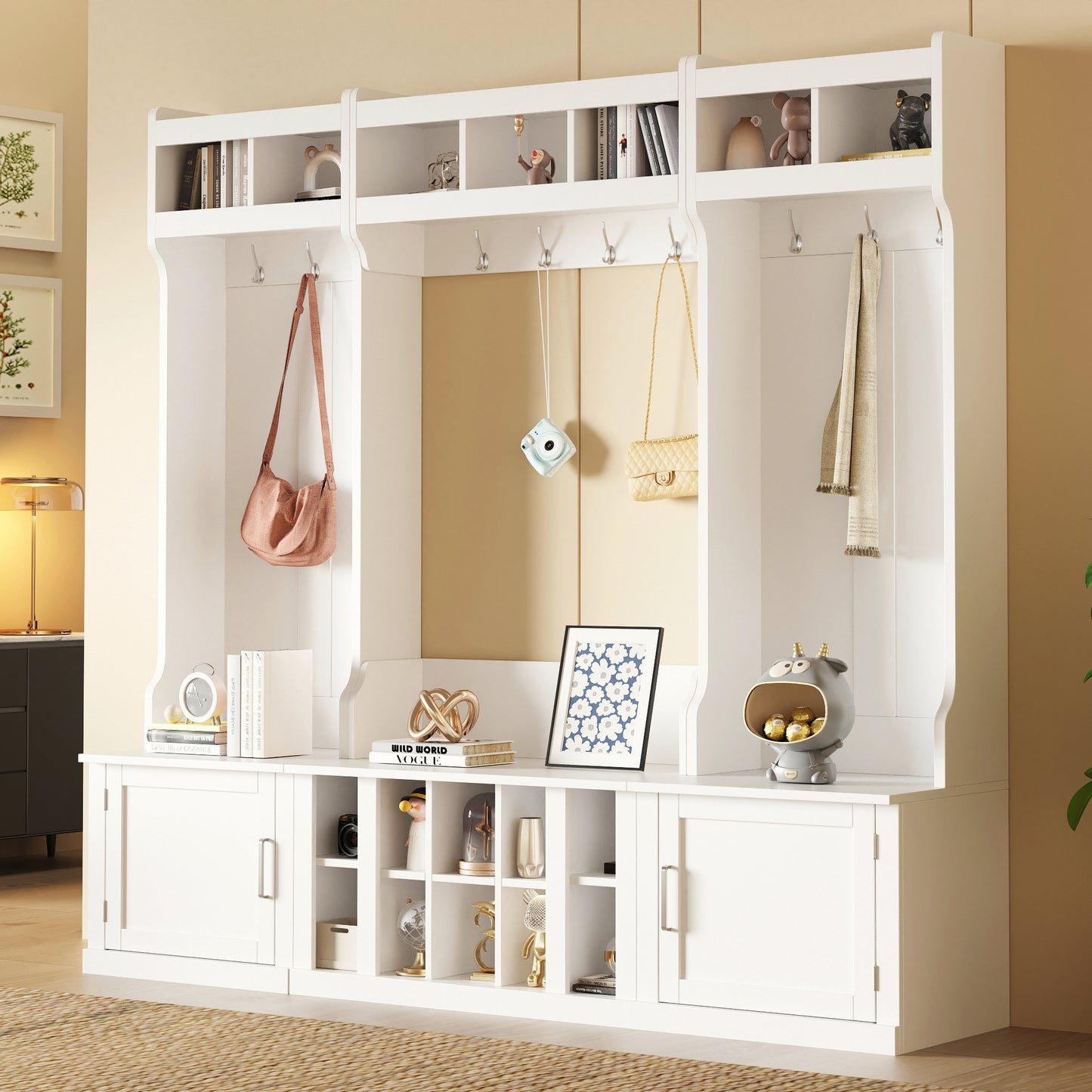 ON-TREND Wide Design Hall Tree with Storage and Bench, 4-IN-1 Multi-functional Entryway Bench with Coat Rack and Shoe Cubbies, Practical Furniture for Hallway, White N721S000025K