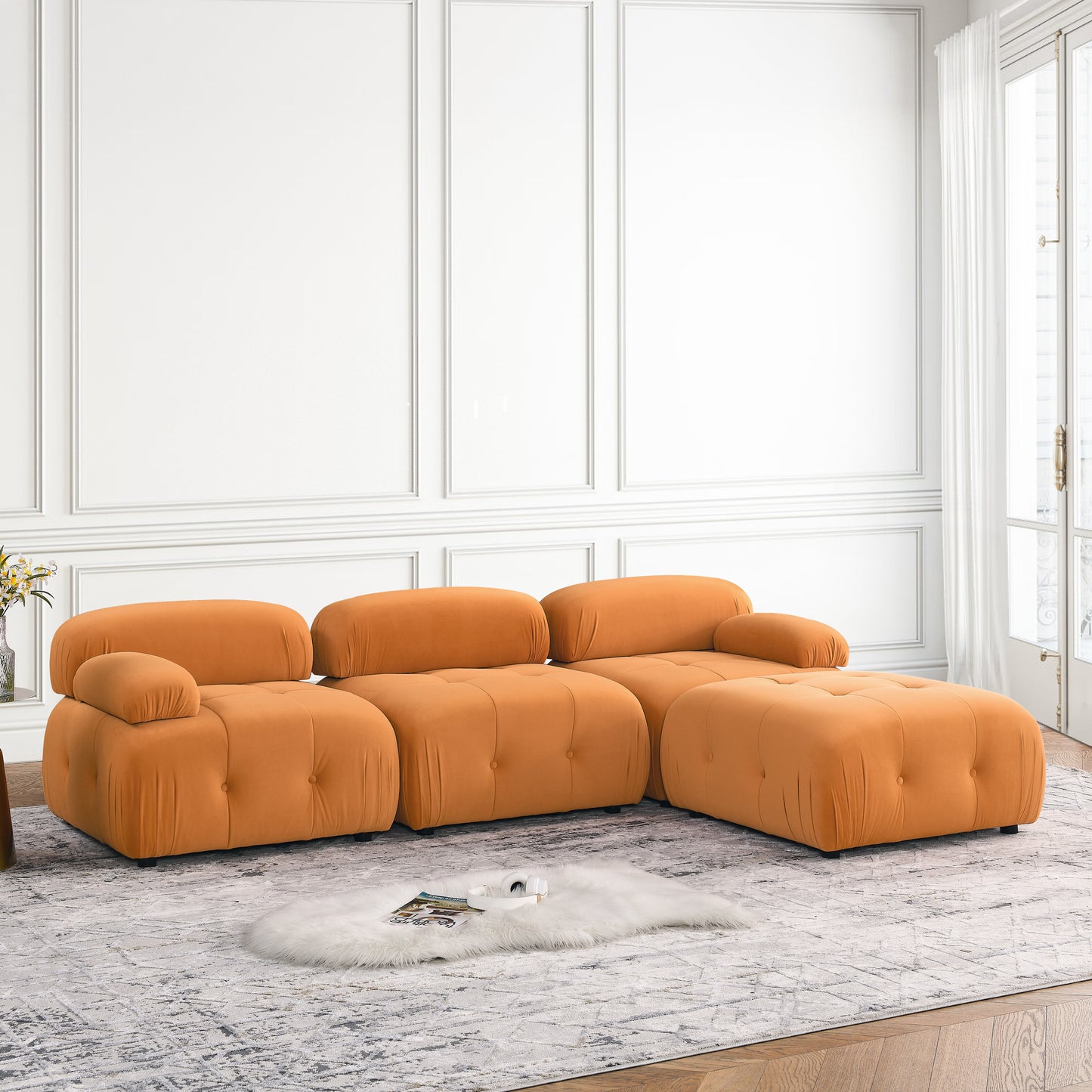 Modular Sectional Sofa, Button Tufted Designed and DIY Combination,L Shaped Couch with Reversible Ottoman, Orange Velvet W1413S00019