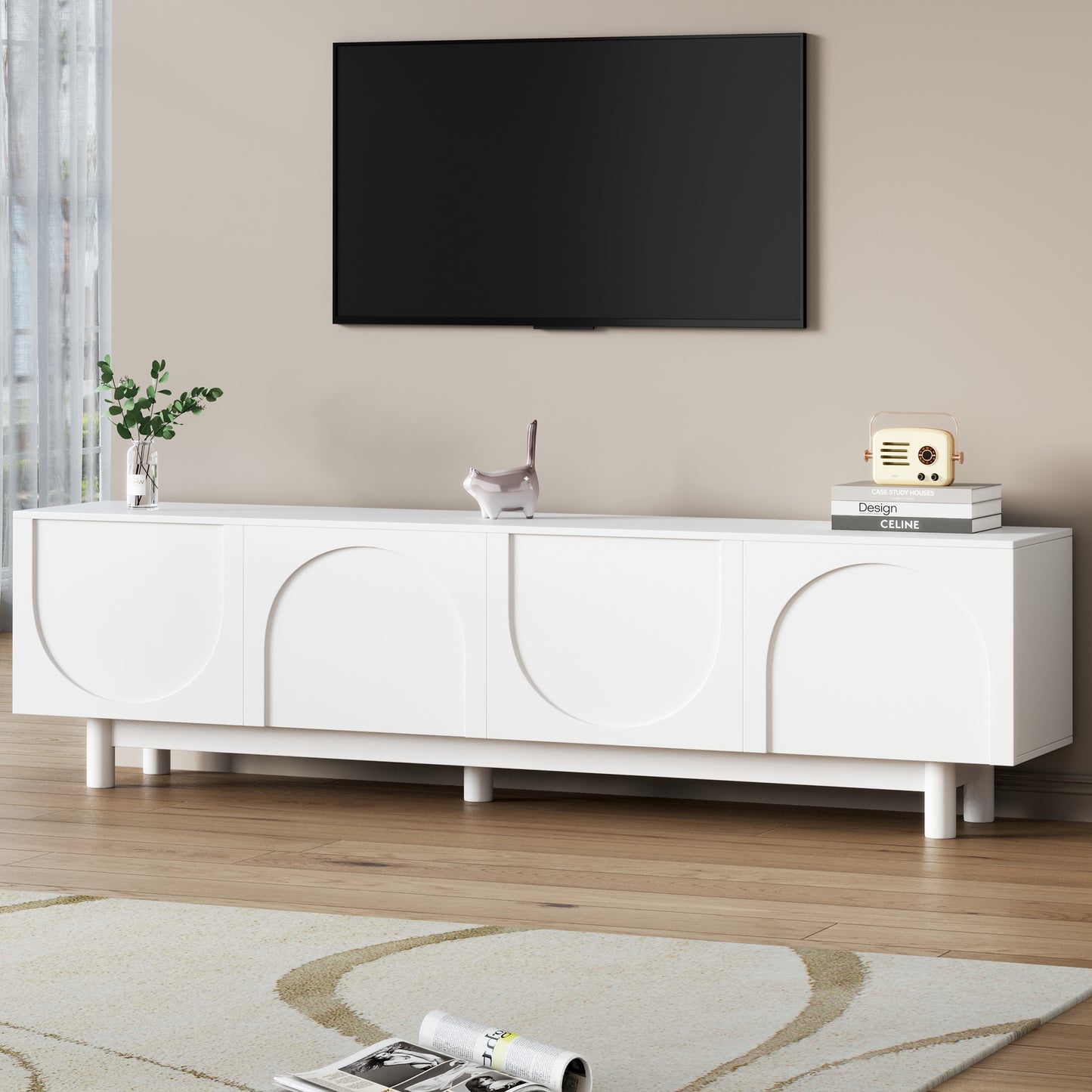 ON-TREND Graceful TV Stand with Arch Cabinets for TVs Up to 78'', Minimalist Entertainment Center with Solid Wood Legs, Practical Media Console with Adjustable Shelves for Living Room, White WF325999AAK