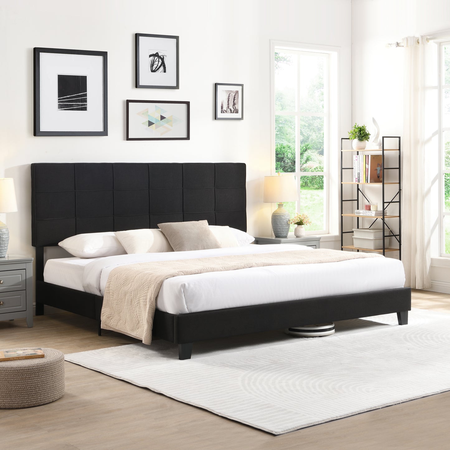 King Size Upholstered Platform Bed Frame with Linen Fabric Headboard, No Box Spring Needed, Wood Slat Support, Easy Assembly, BLACK W311107471