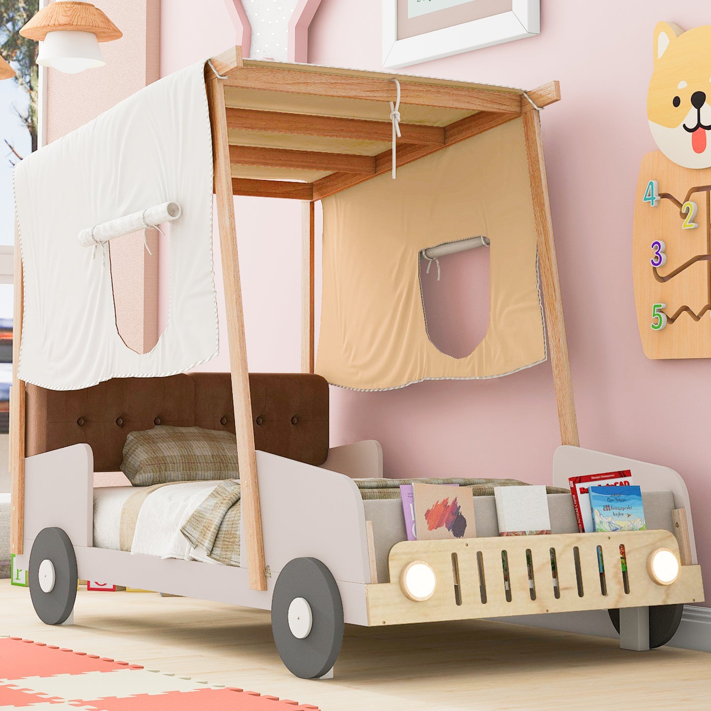 Wood Twin Size Car Bed with Pillow, Ceiling Cloth and LED, Natural WF309288AAM