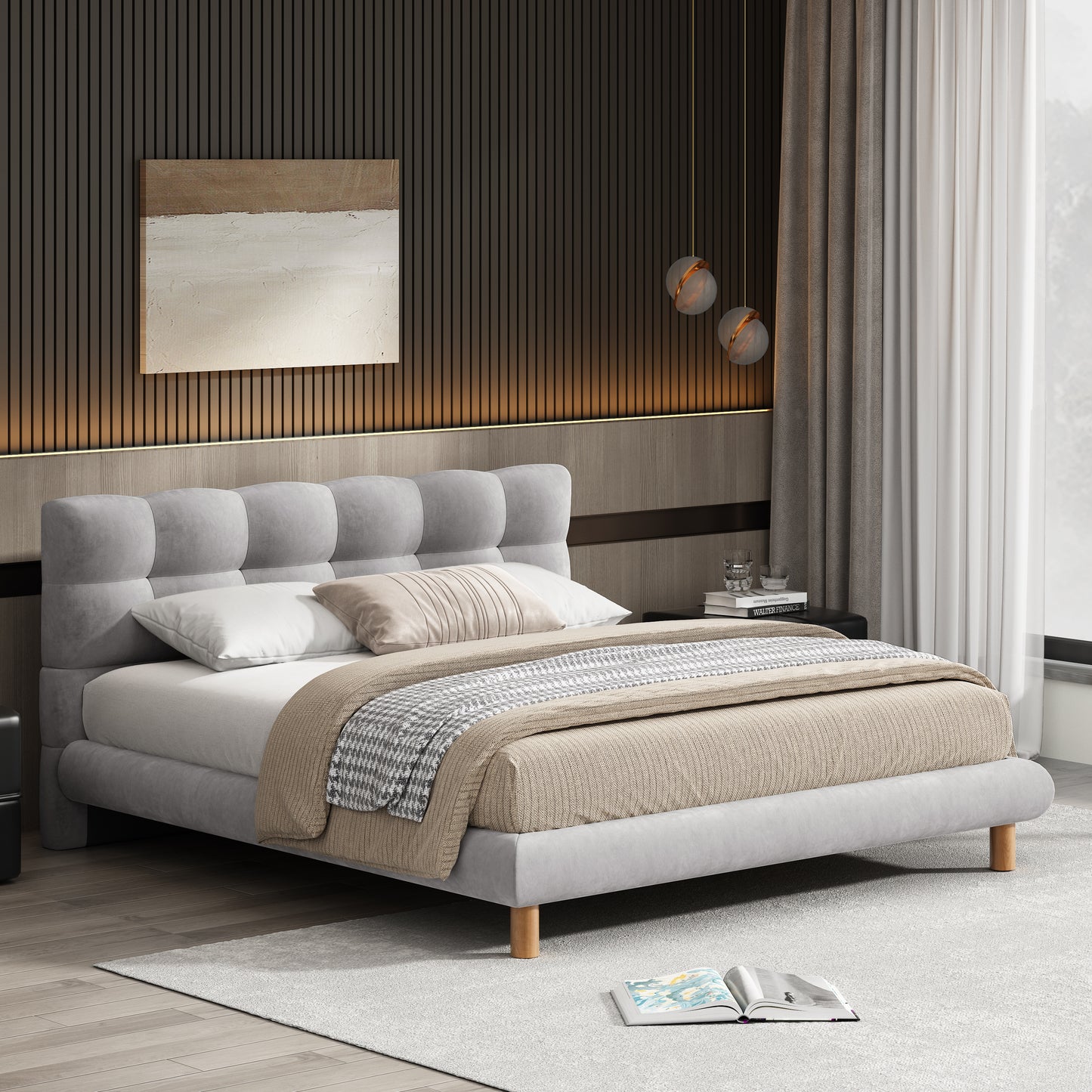 Queen Size Upholstered Platform Bed Frame with Cookie-Shaped Headboard, Easy Assembly, soft and comfortable,Grey N769P228497Q