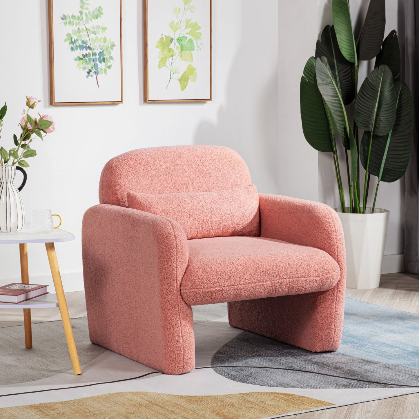 Stylish and Minimalist Teddy Fleece Single Sofa Chair with Arms and Pillow, Armchair, Accent Chair for Living Room, Bedroom, Study,Pink W1716P196472